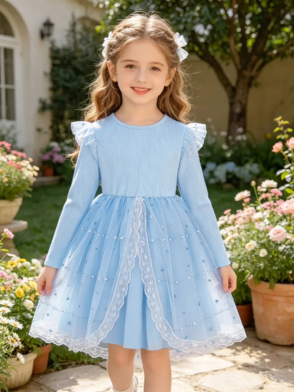 Girls Long Sleeve Ribbed Lace Tulle Dress