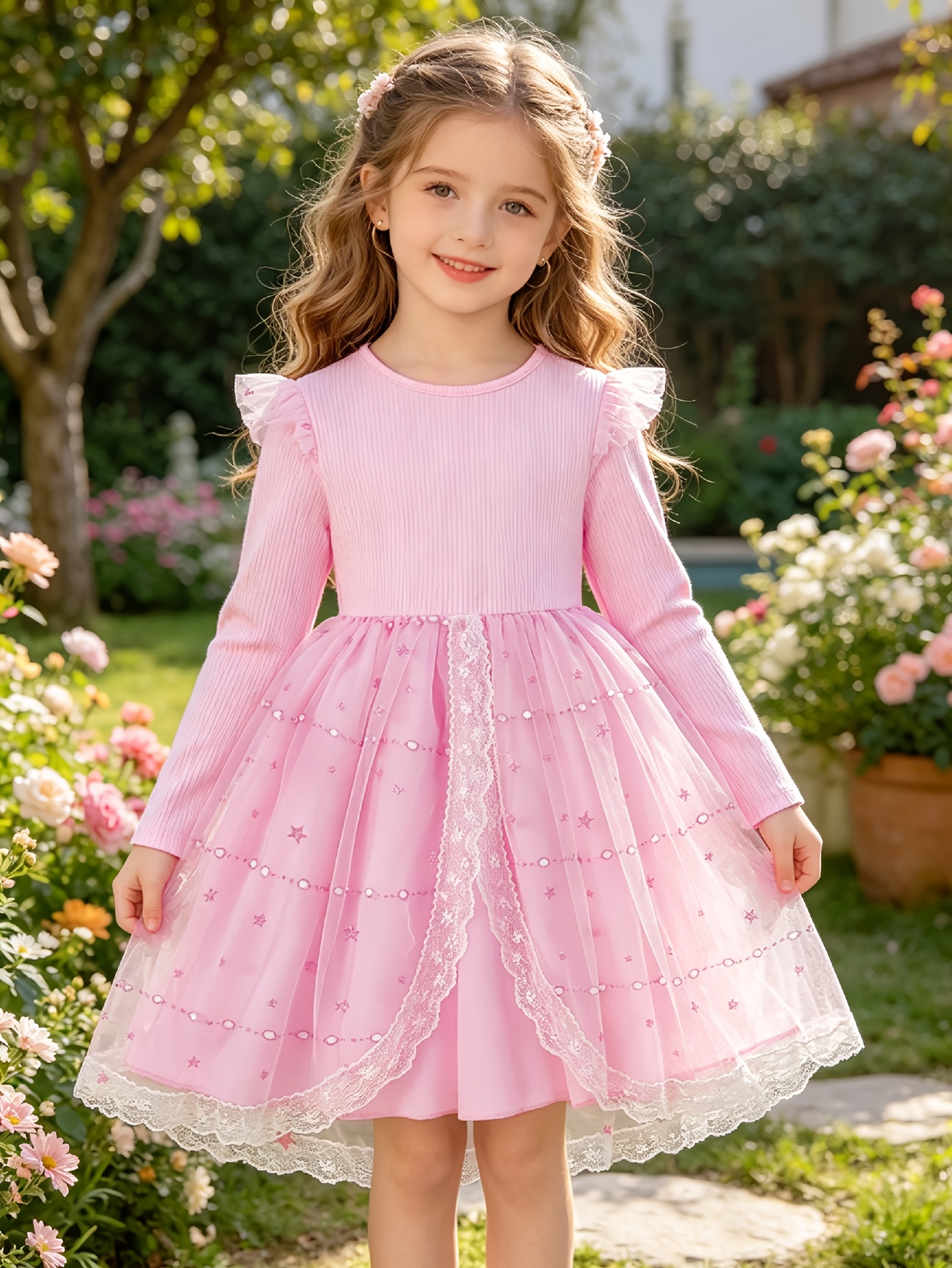Girls Long Sleeve Ribbed Lace Tulle Dress - 图片 2