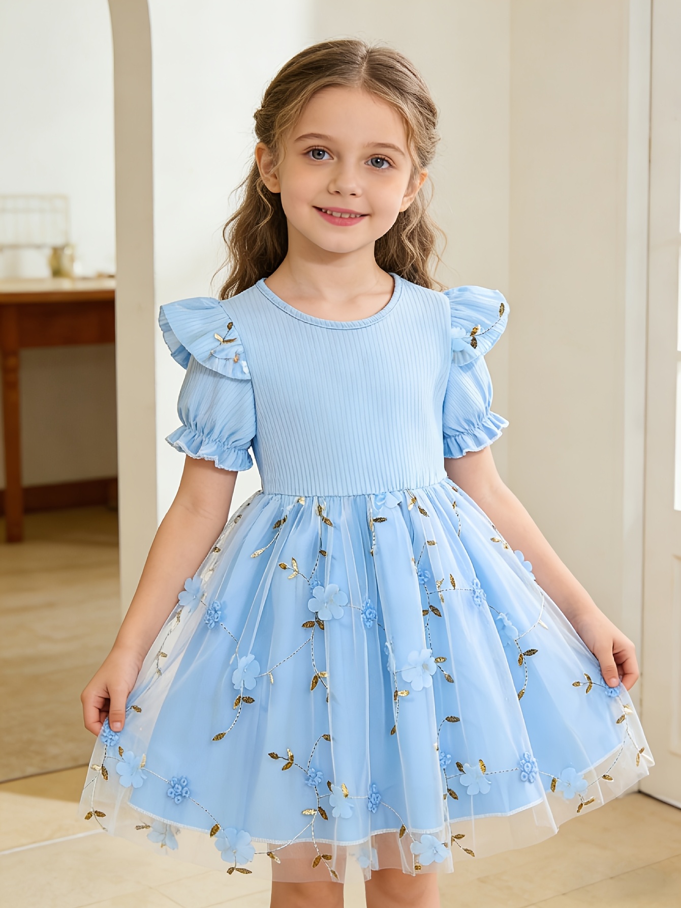 Girls Embroidered Floral Tulle Dress in Purple, Pink or Blue - 图片 4