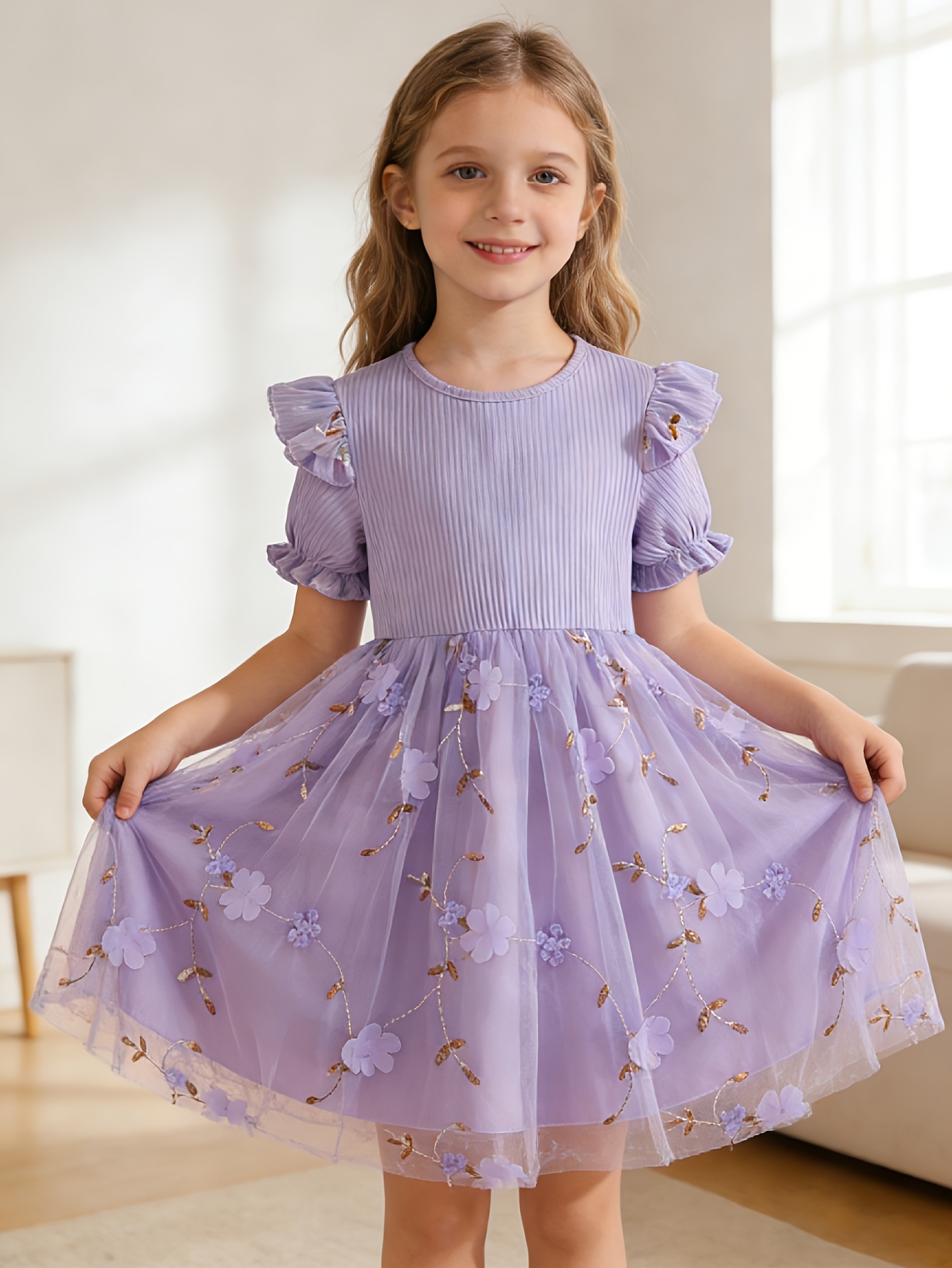 Girls Embroidered Floral Tulle Dress in Purple, Pink or Blue - 图片 2