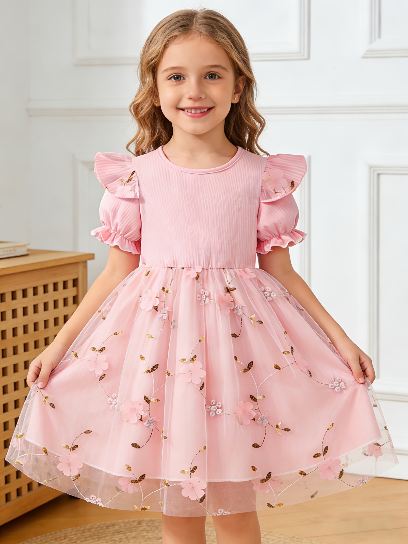 Girls Embroidered Floral Tulle Dress in Purple, Pink or Blue - 图片 3