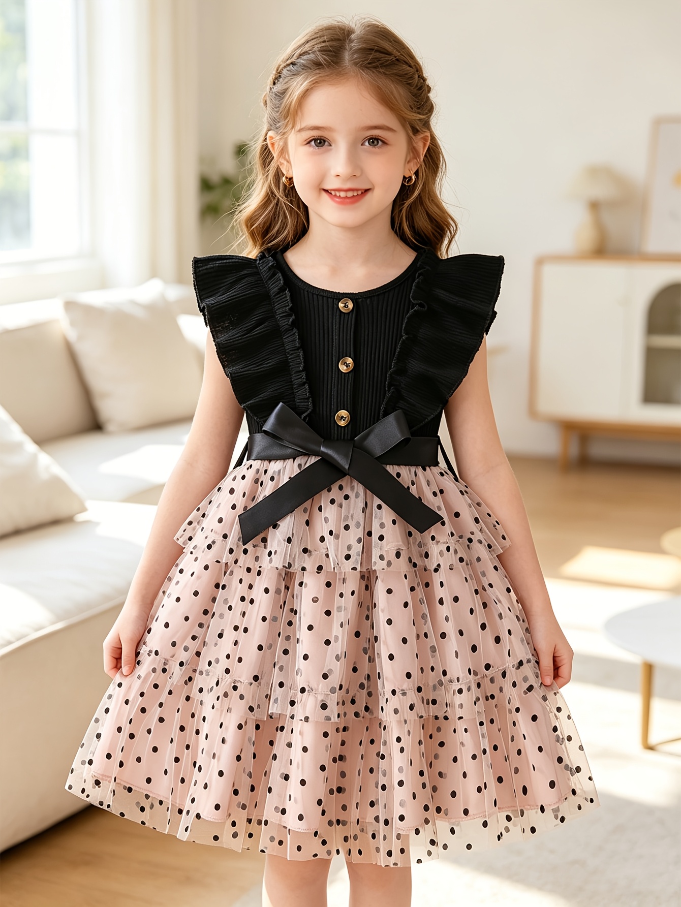Girls Ribbed Button Dress with Polka Dot Velvet Skirt - 图片 2