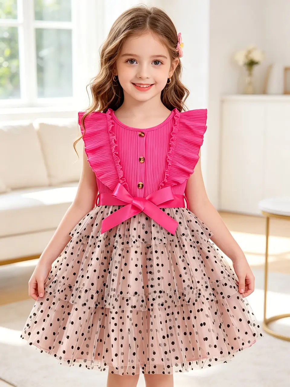 Girls Ribbed Button Dress with Polka Dot Velvet Skirt