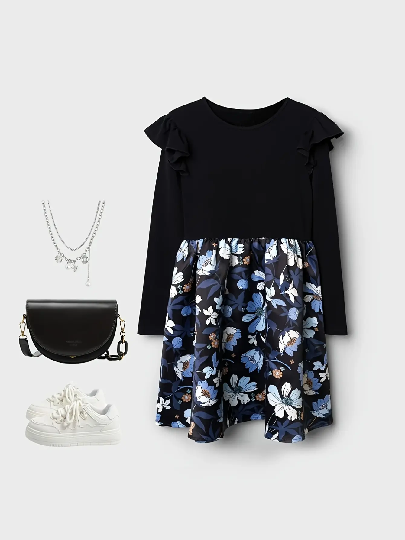 Girls Floral Dress with Black Long Sleeve Top gallery view