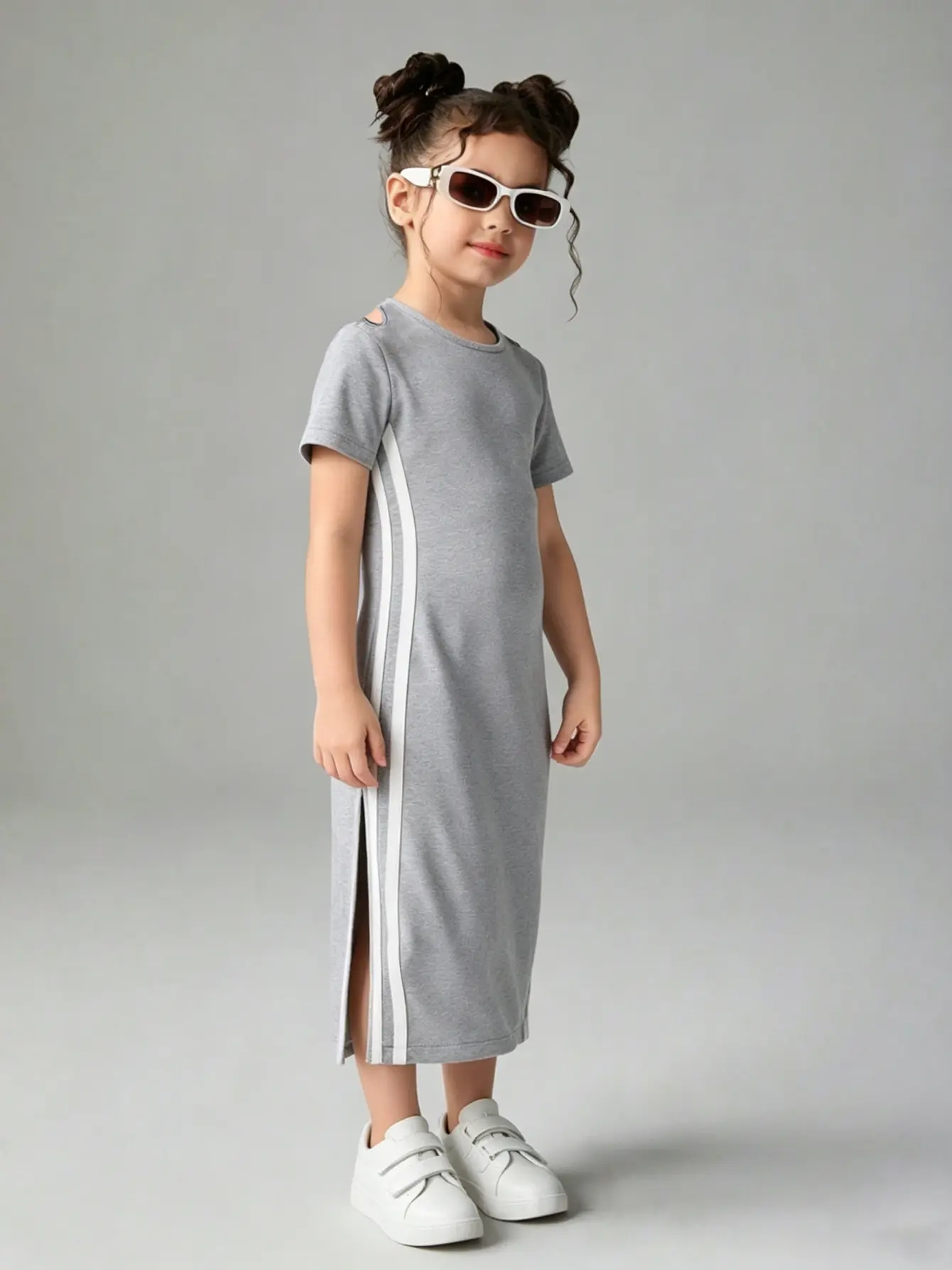 Girls Gray Solid Dress, Soft Minimal Everyday Outfit gallery view