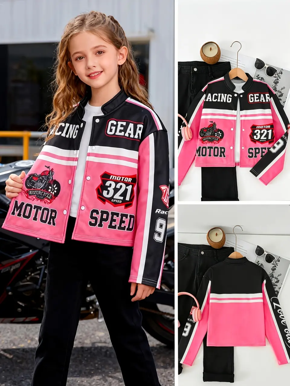 Girls Moto Print Jacket, Cool Casual Outerwear by LUNORIANA
