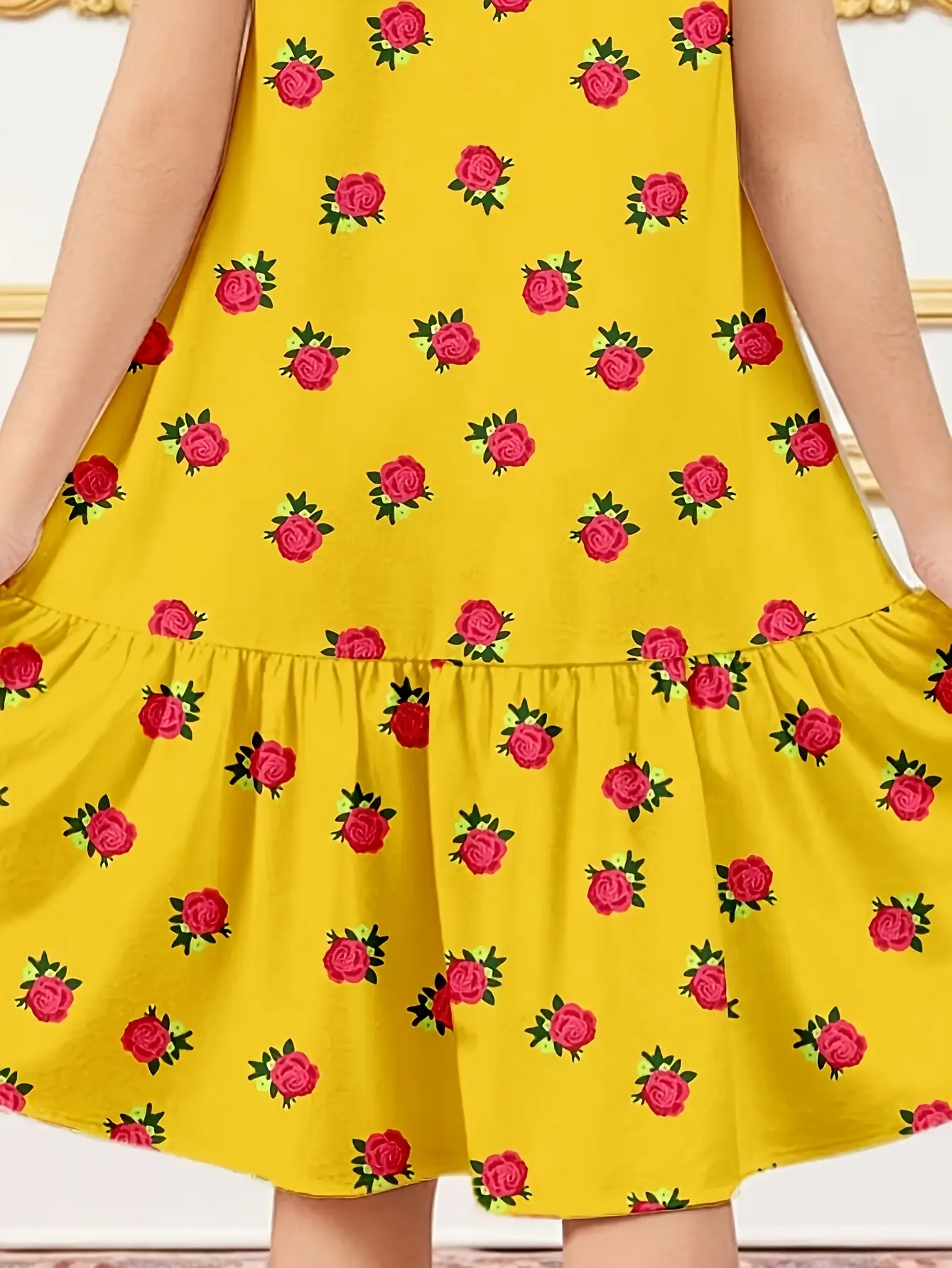Girls Red Rose Print Princess Dress, Soft Summer Party Outfit gallery view