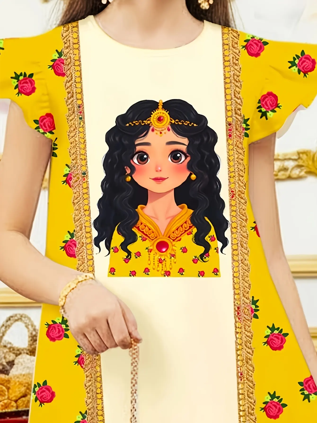 Girls Red Rose Print Princess Dress, Soft Summer Party Outfit gallery view