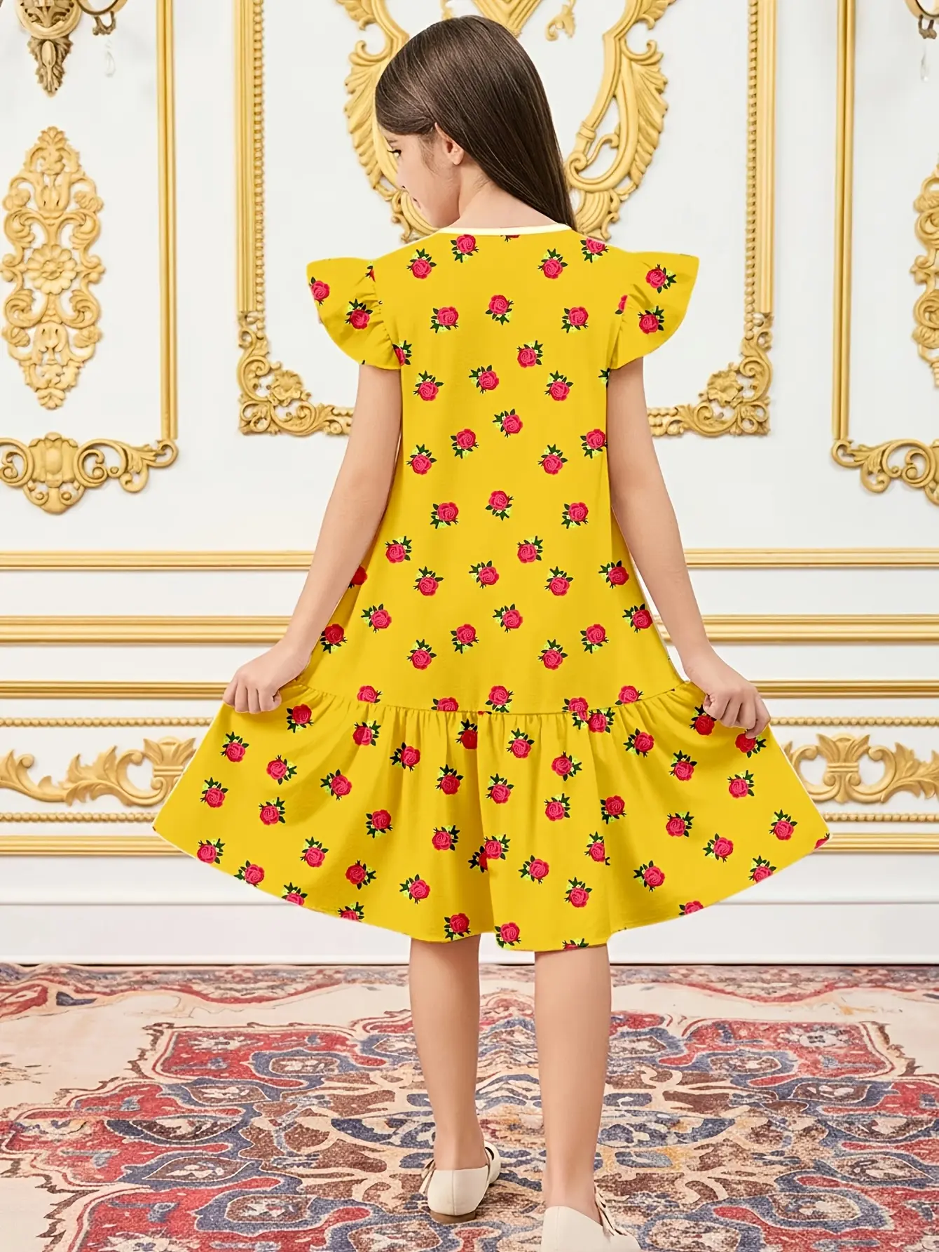 Girls Red Rose Print Princess Dress, Soft Summer Party Outfit gallery view