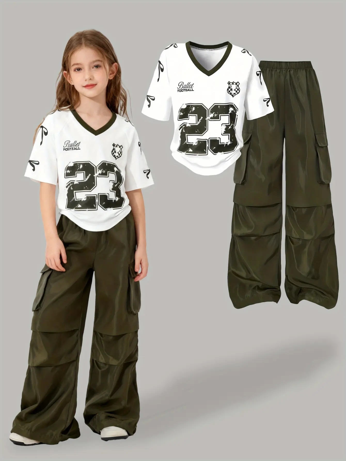 Girls V-Neck Number Tee and Cargo Pants Set by LUNORIANA