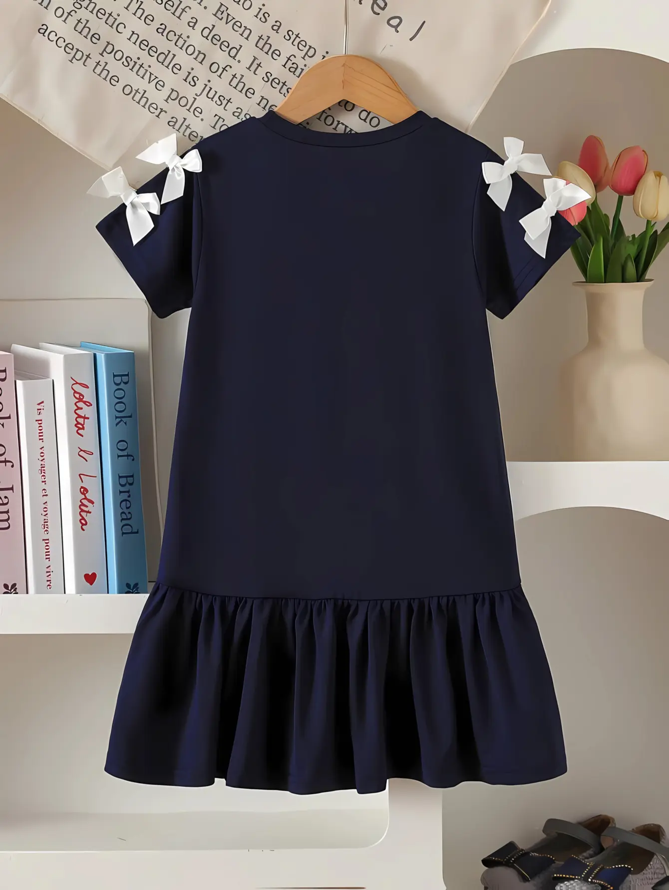 Girls Solid Bow Shoulder Dress, Soft Minimal Party Outfit gallery view