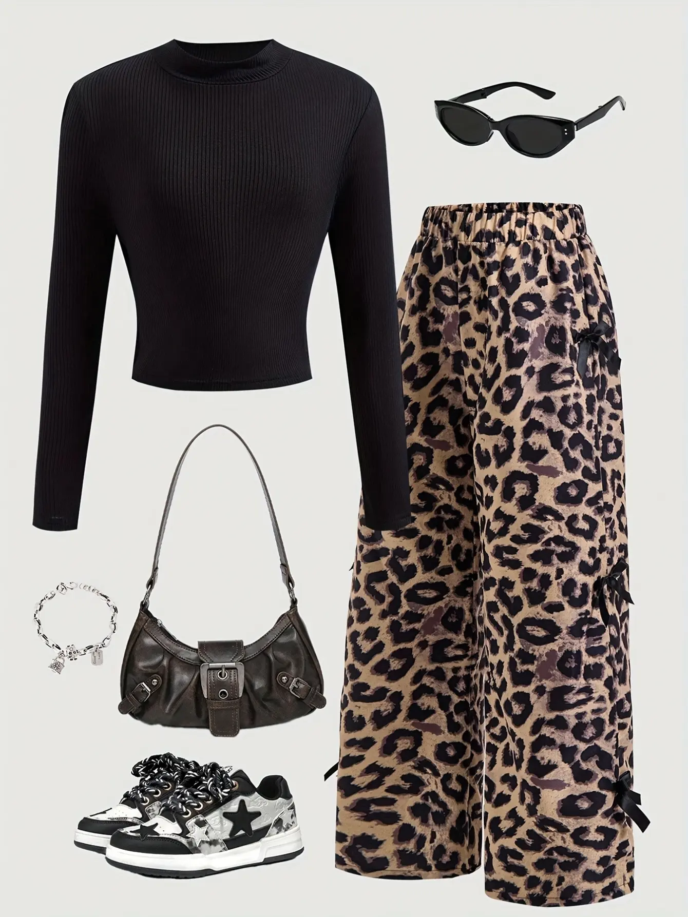 Detail 2 of Girls Bow Leopard Mock Neck Top and Casual Pants Set by LUNORIANA