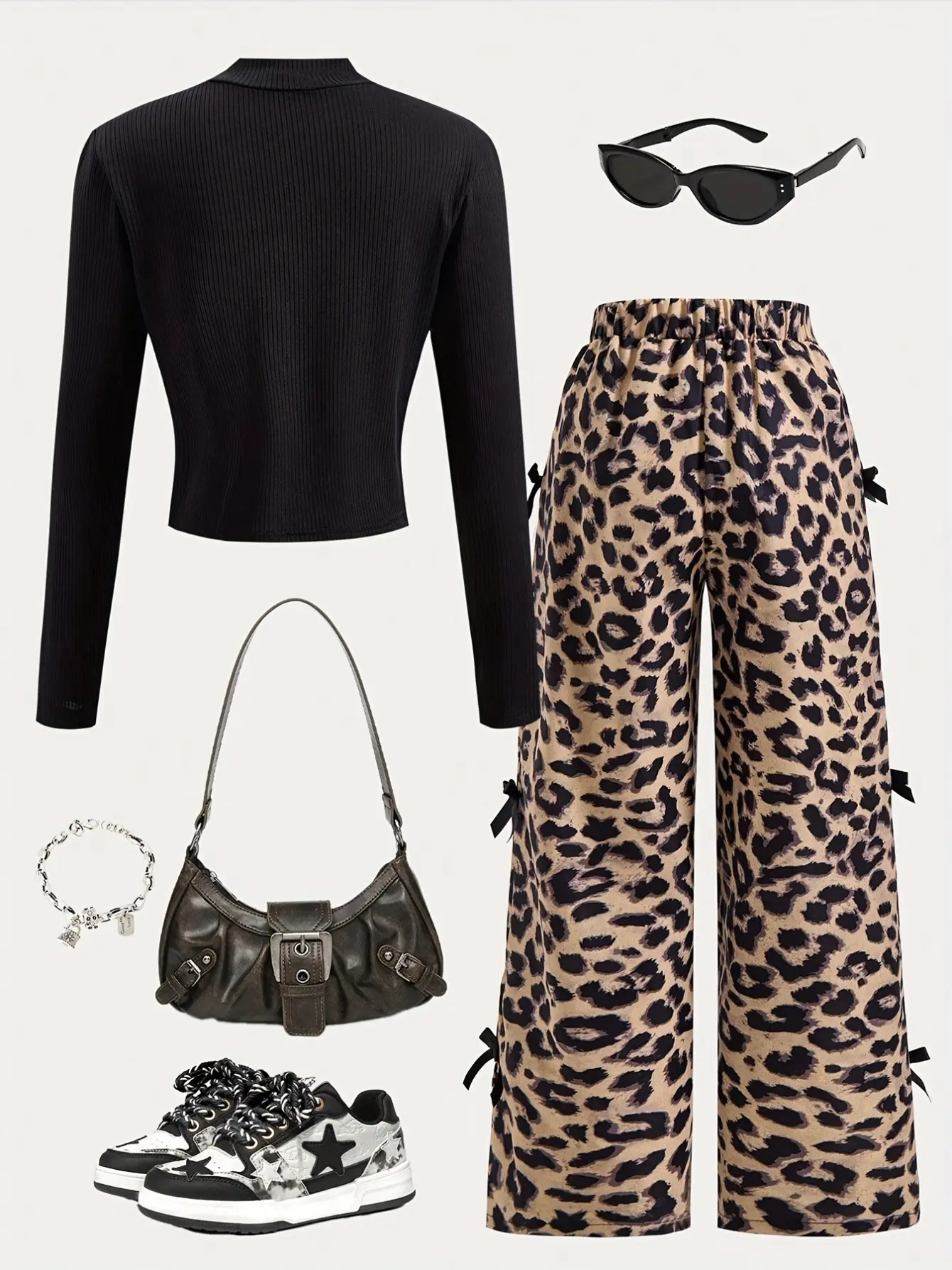 Detail 3 of Girls Bow Leopard Mock Neck Top and Casual Pants Set by LUNORIANA