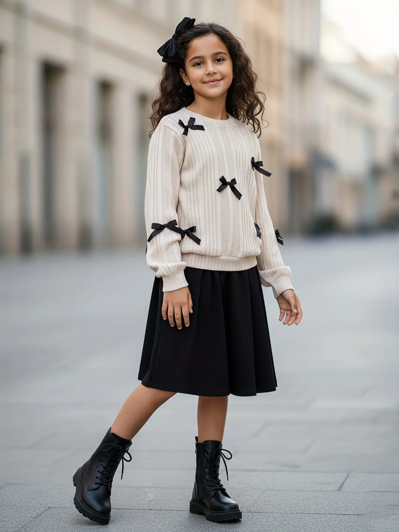 Detail 4 of Girls Bow Knit Sweater and Suspender Dress Set by LUNORIANA
