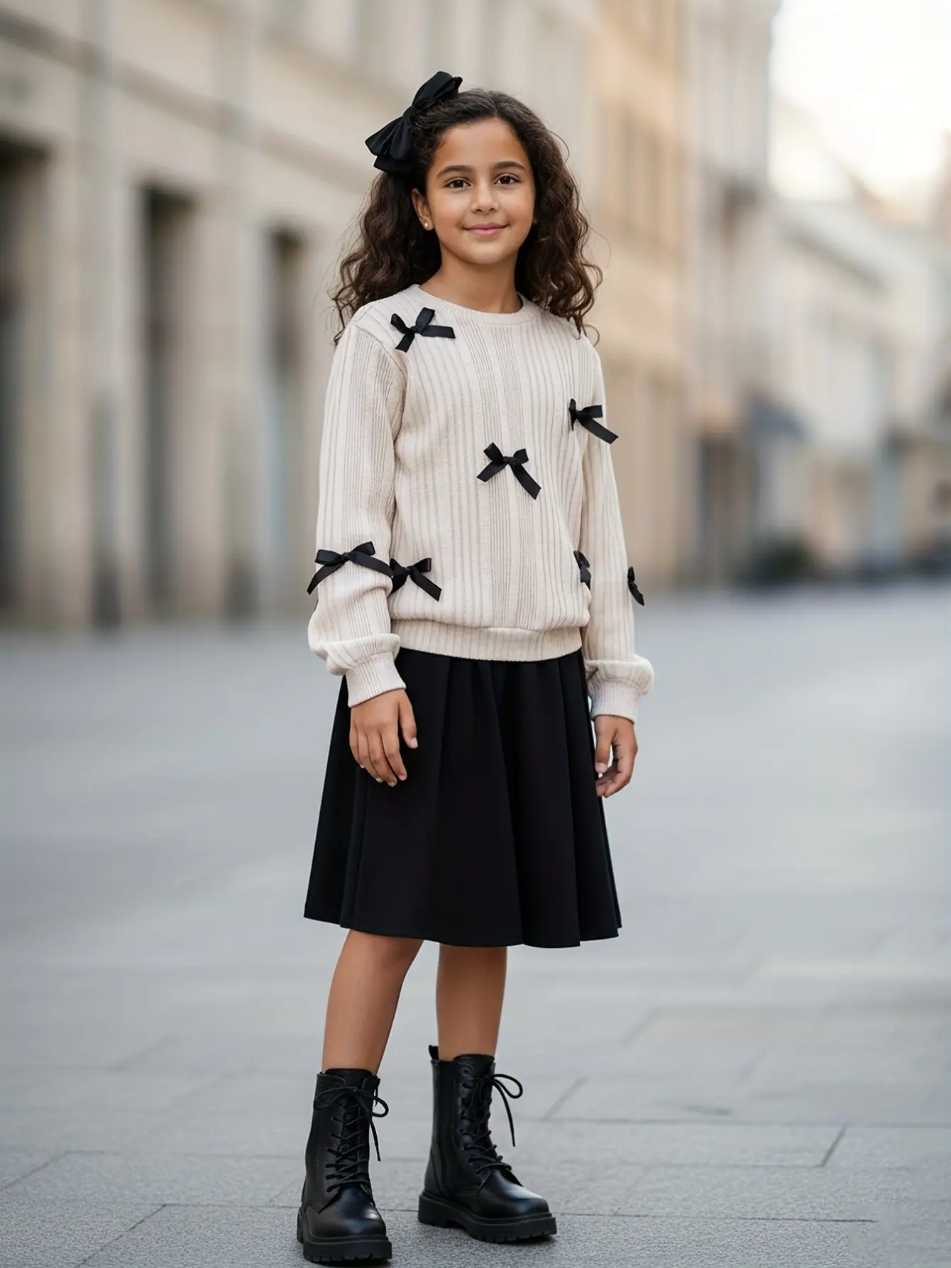 Detail 3 of Girls Bow Knit Sweater and Suspender Dress Set by LUNORIANA