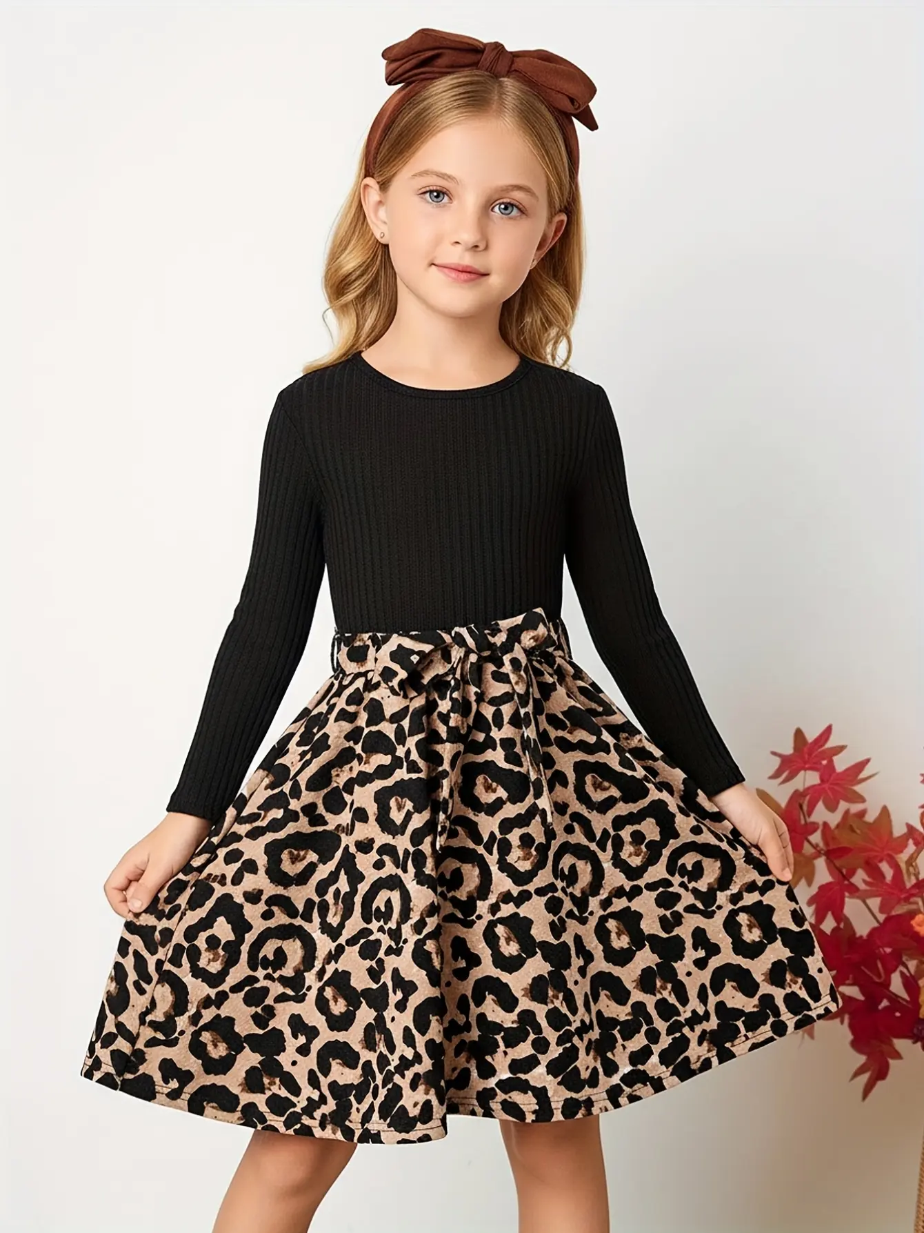 Detail 2 of Girls Leopard Bow A-Line Long Sleeve Dress by LUNORIANA