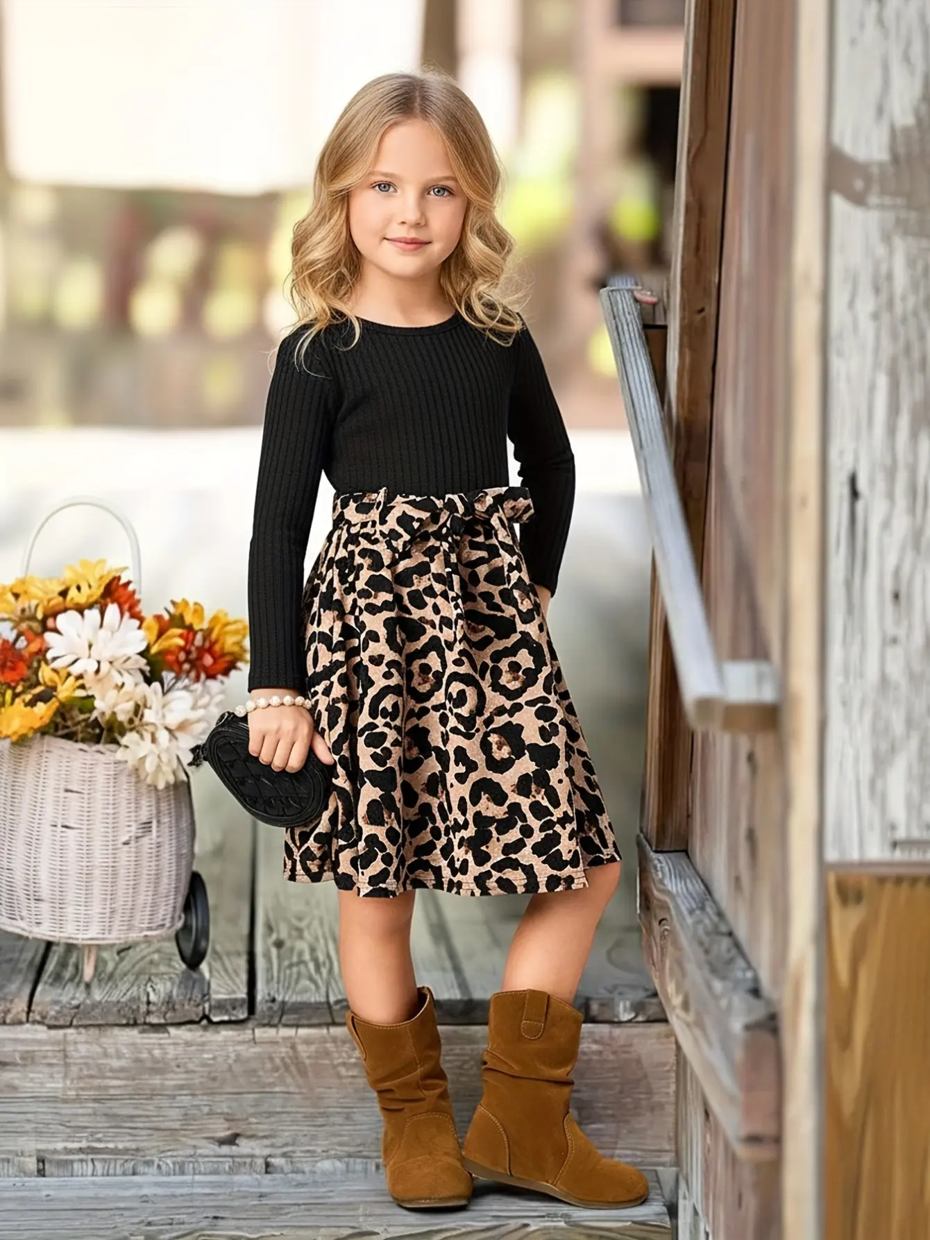 Detail 4 of Girls Leopard Bow A-Line Long Sleeve Dress by LUNORIANA