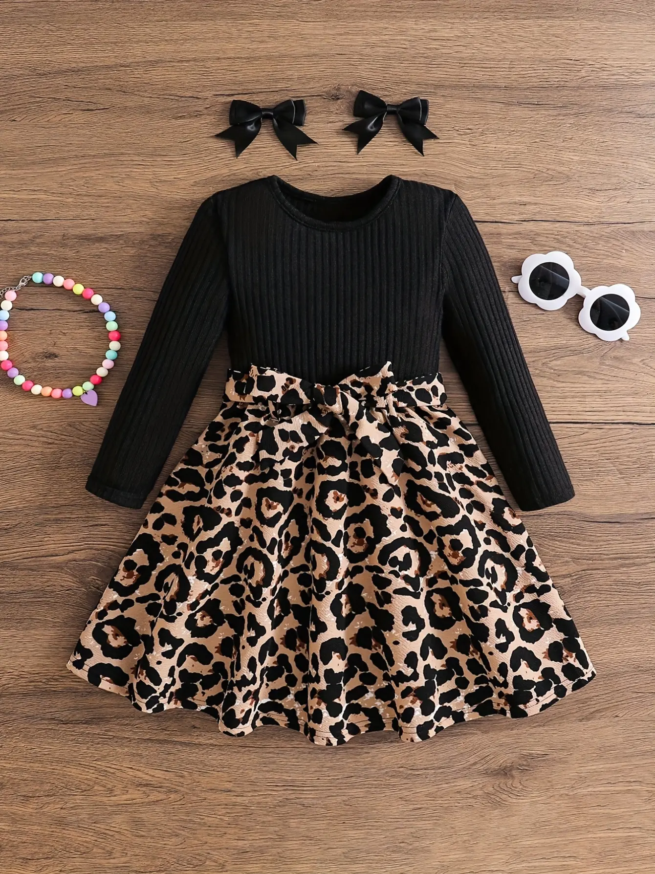Detail 5 of Girls Leopard Bow A-Line Long Sleeve Dress by LUNORIANA