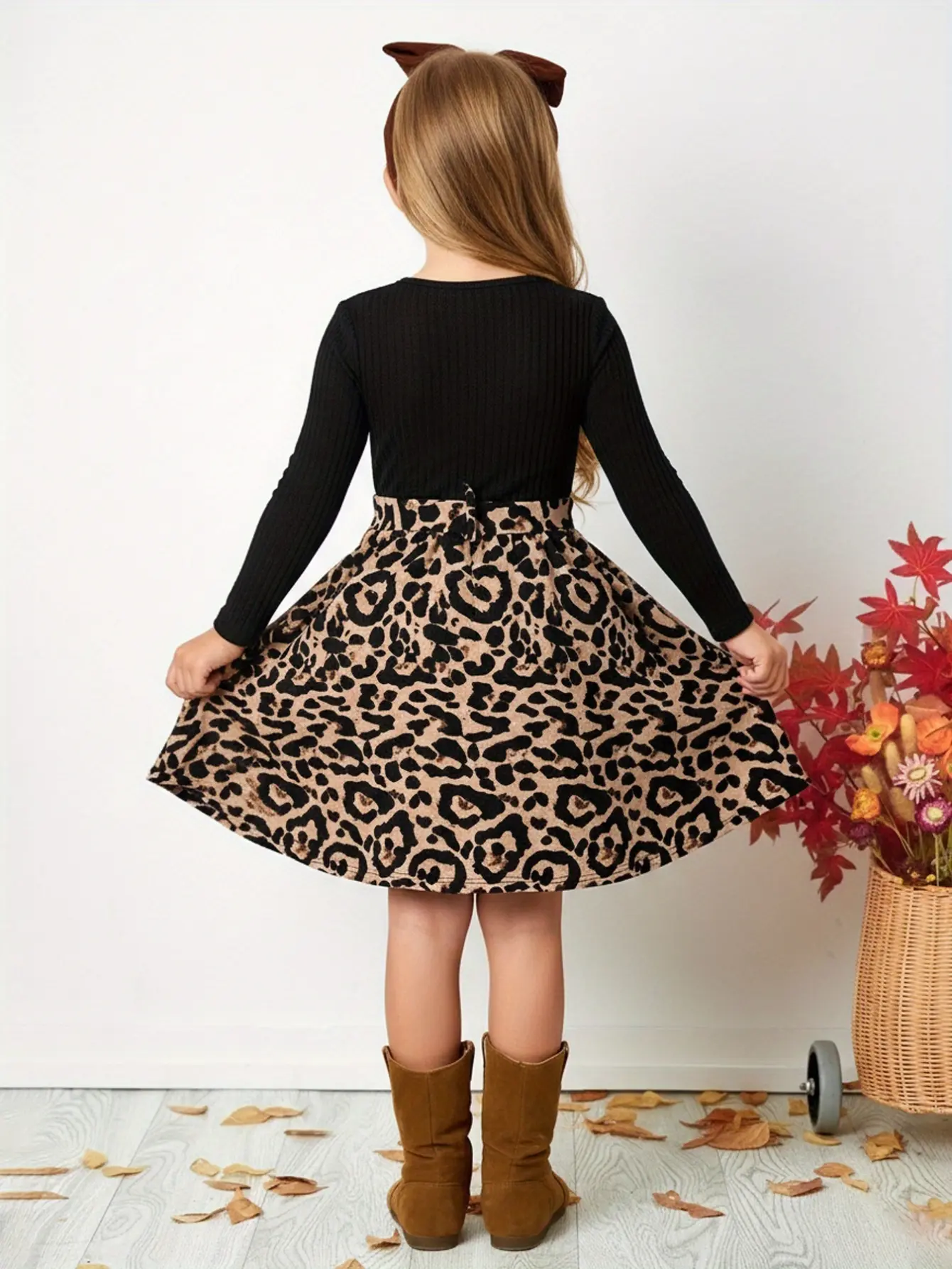 Detail 1 of Girls Leopard Bow A-Line Long Sleeve Dress by LUNORIANA