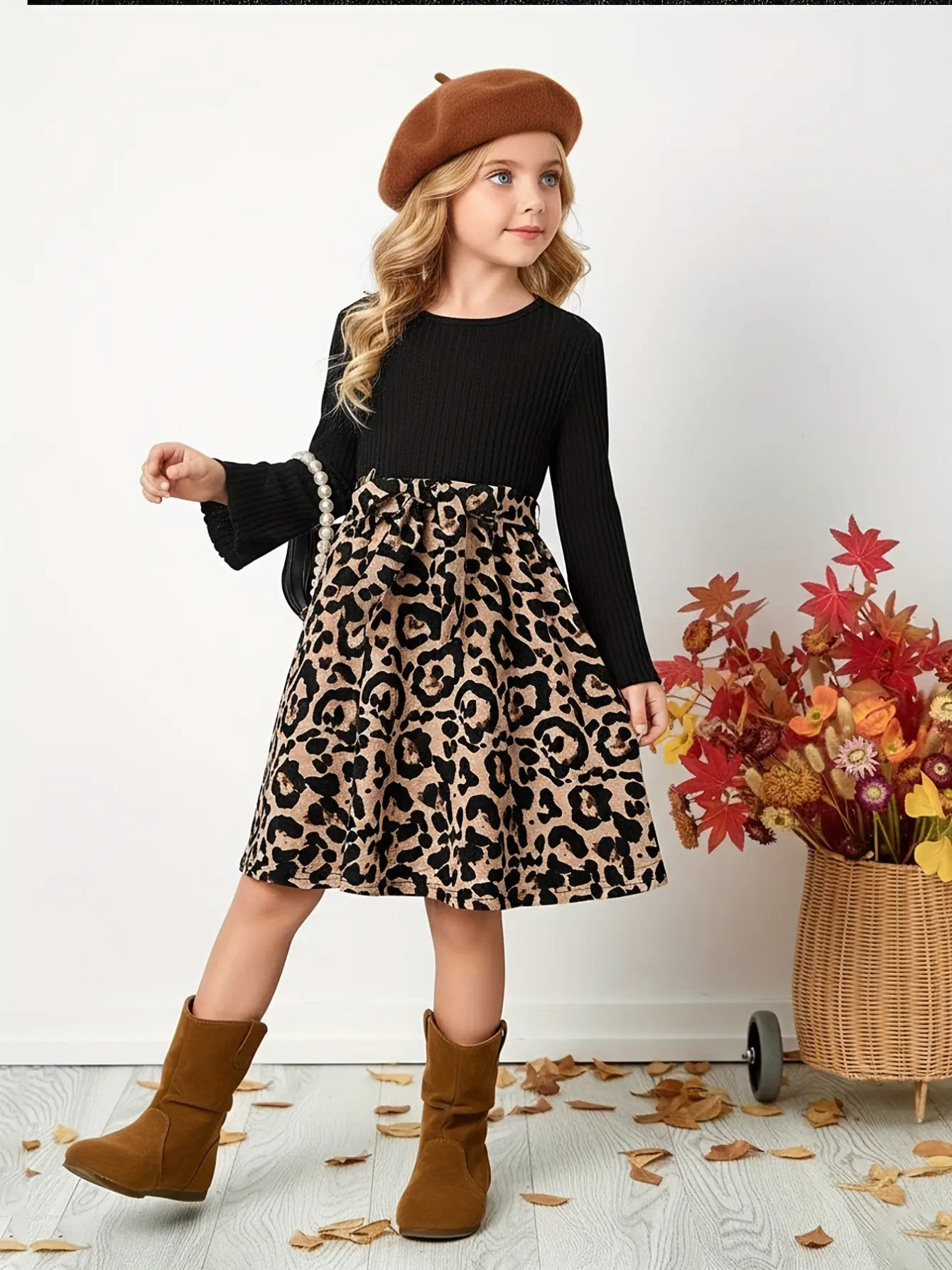 Detail 3 of Girls Leopard Bow A-Line Long Sleeve Dress by LUNORIANA