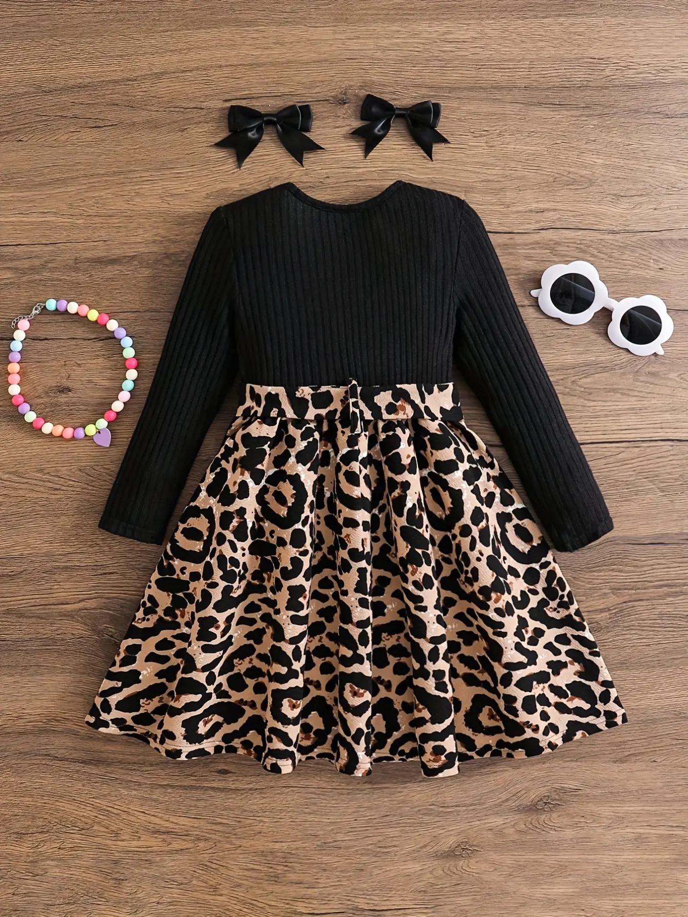 Detail 6 of Girls Leopard Bow A-Line Long Sleeve Dress by LUNORIANA