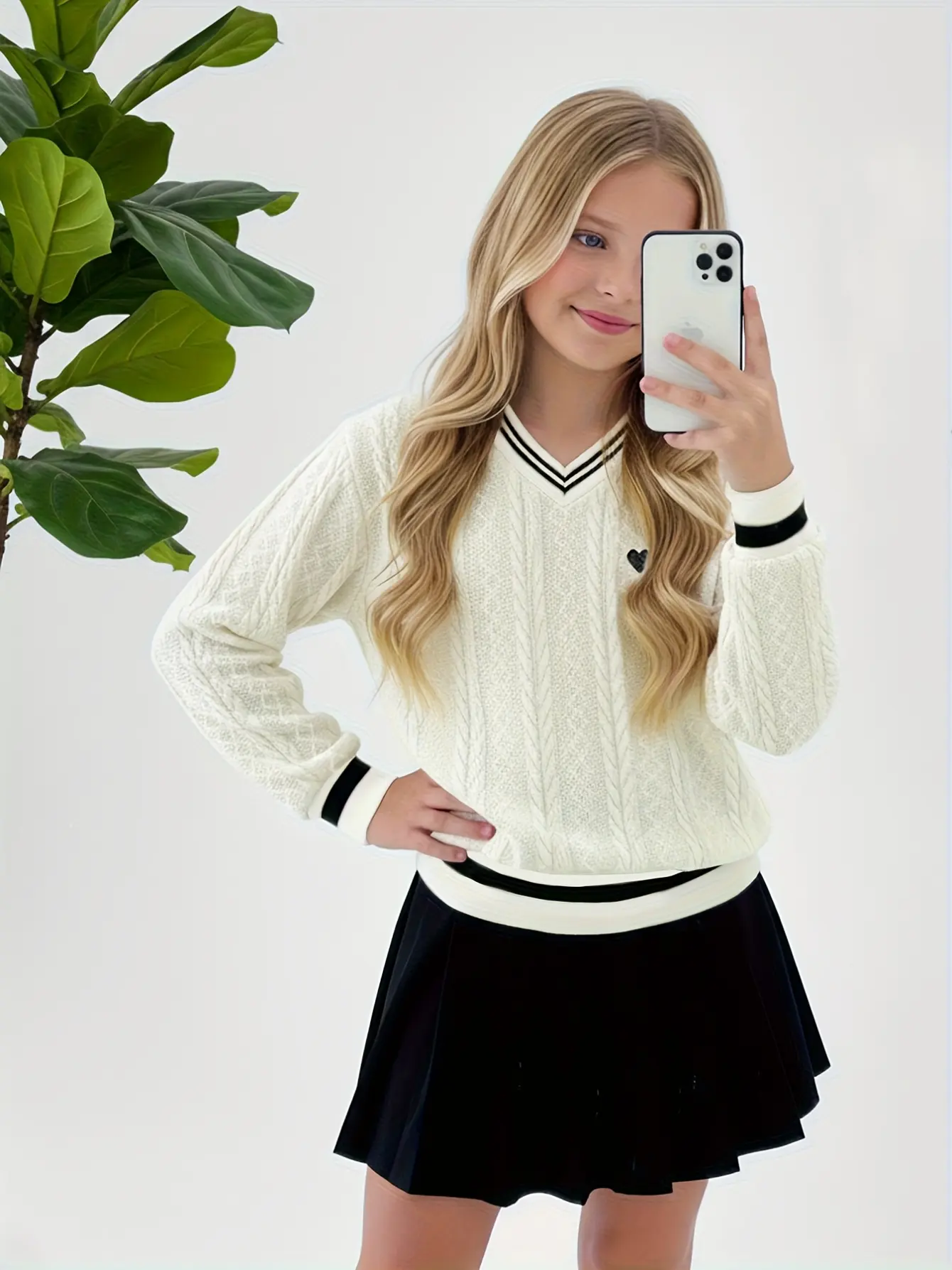 Detail 3 of Girls V-Neck Striped Trim Knit Sweater by LUNORIANA
