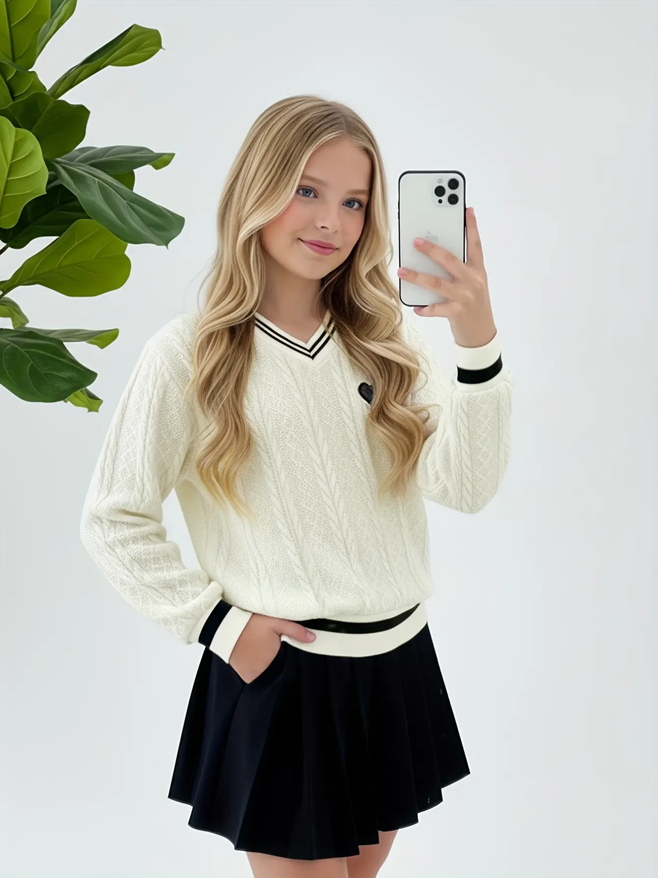 Detail 2 of Girls V-Neck Striped Trim Knit Sweater by LUNORIANA