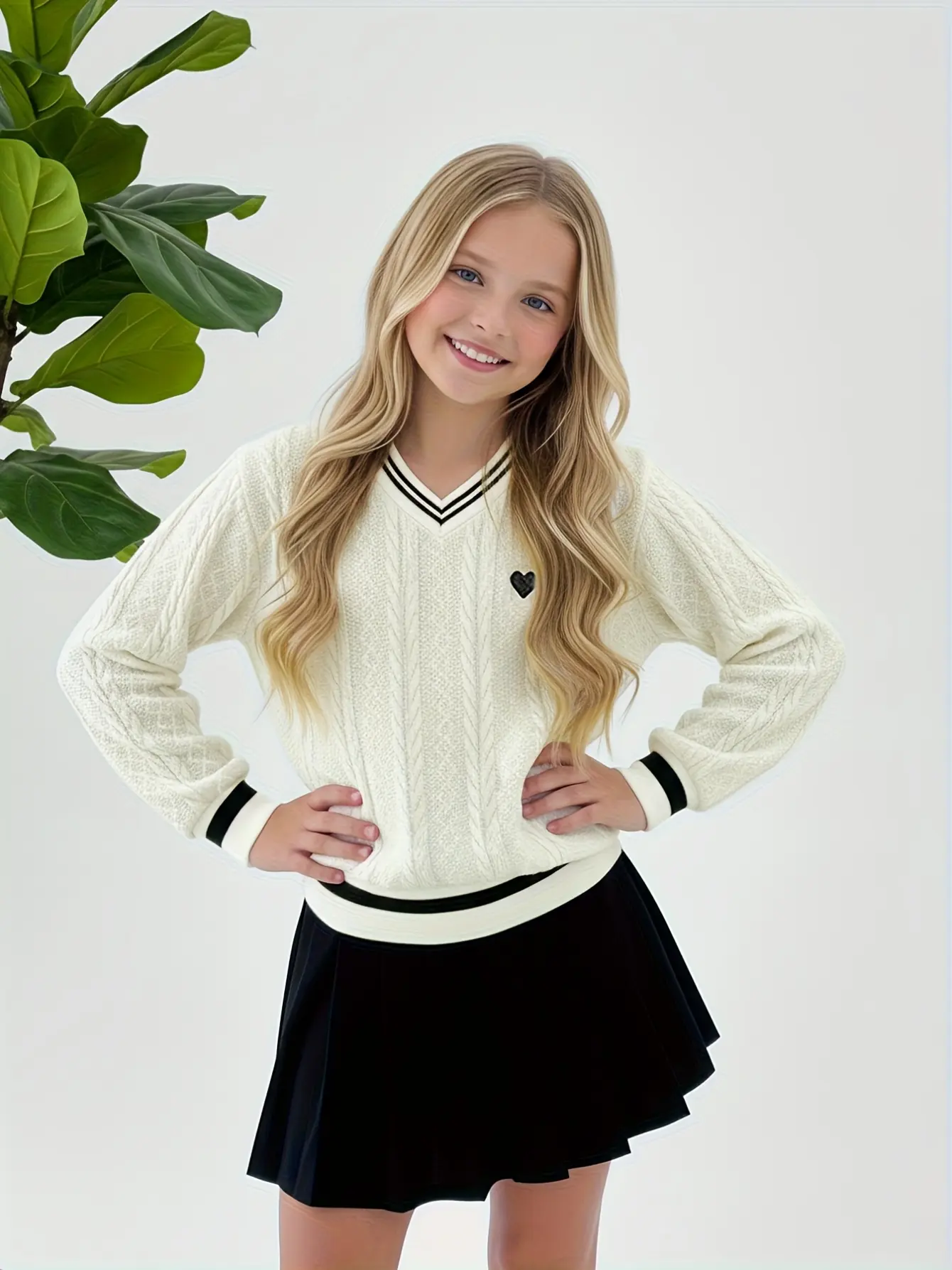 Detail 4 of Girls V-Neck Striped Trim Knit Sweater by LUNORIANA