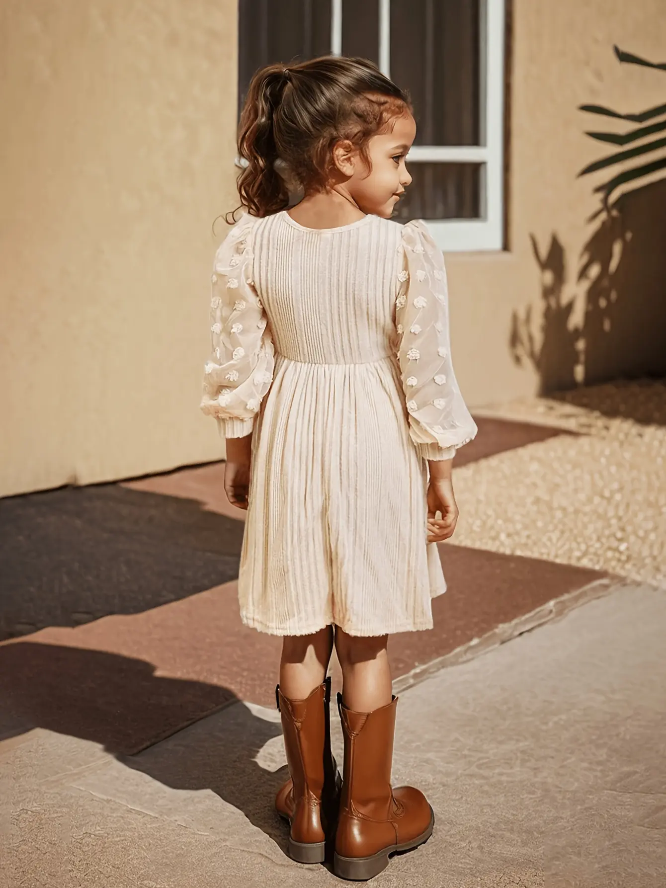 Detail 1 of Girls Chiffon Pom Pom Sleeve Knit Dress by LUNORIANA