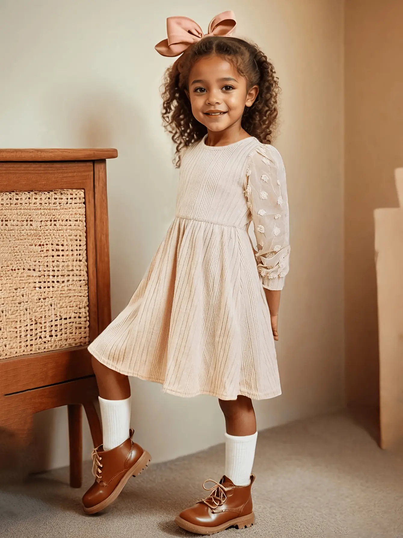 Detail 2 of Girls Chiffon Pom Pom Sleeve Knit Dress by LUNORIANA