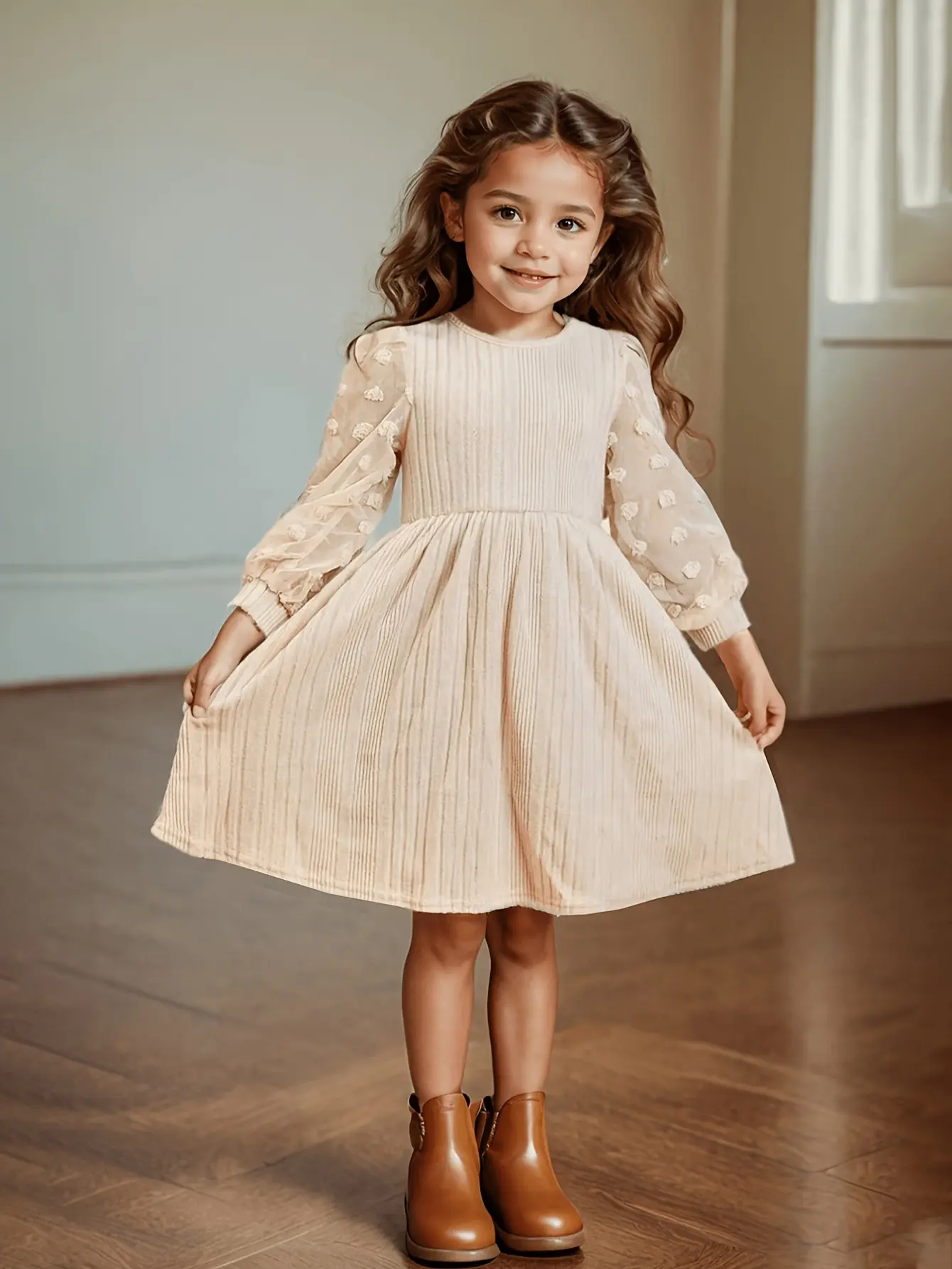 Detail 4 of Girls Chiffon Pom Pom Sleeve Knit Dress by LUNORIANA