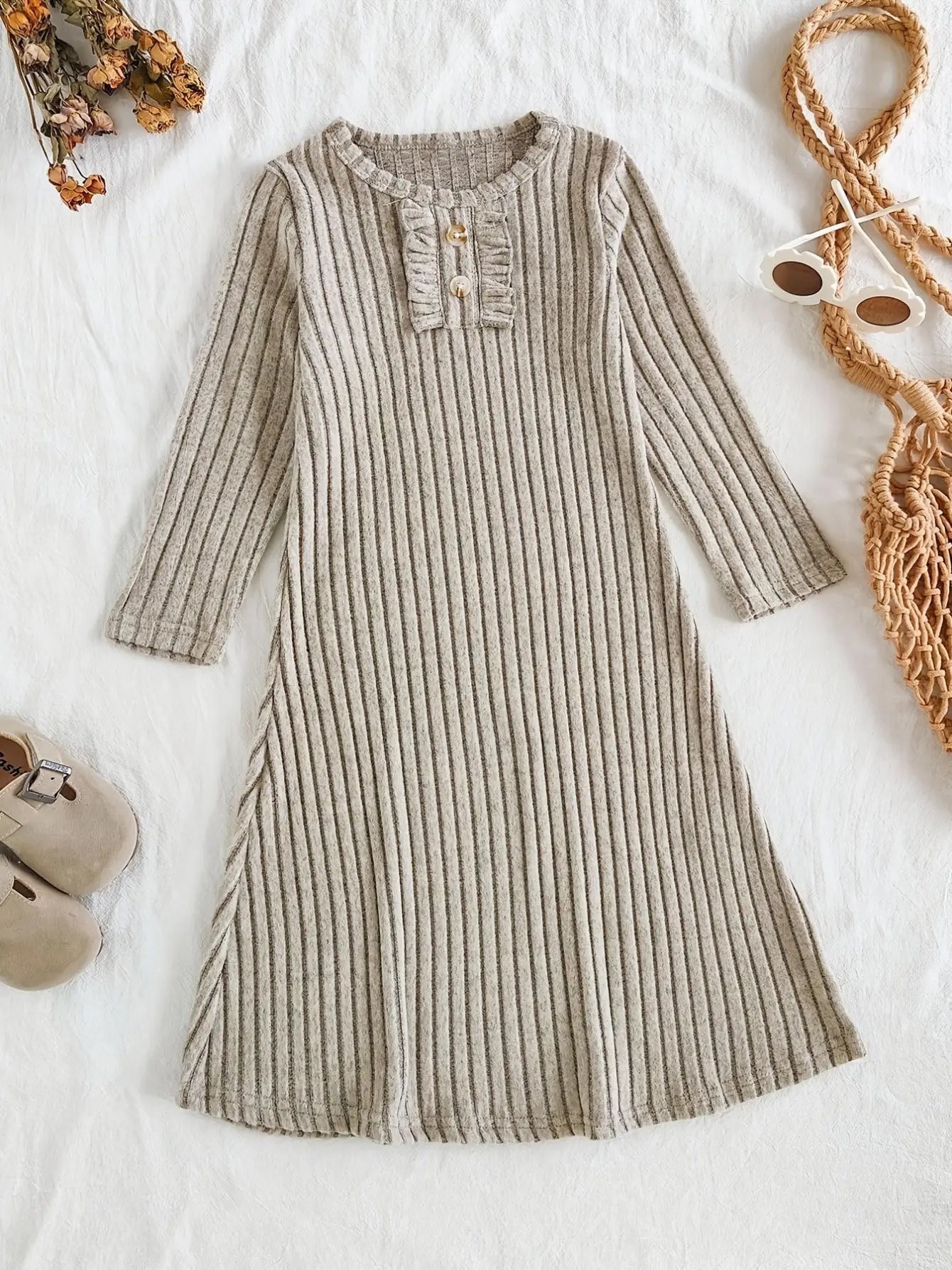 Detail 2 of Girls Ribbed Ruffle Hem Long Sleeve Knit Dress by LUNORIANA
