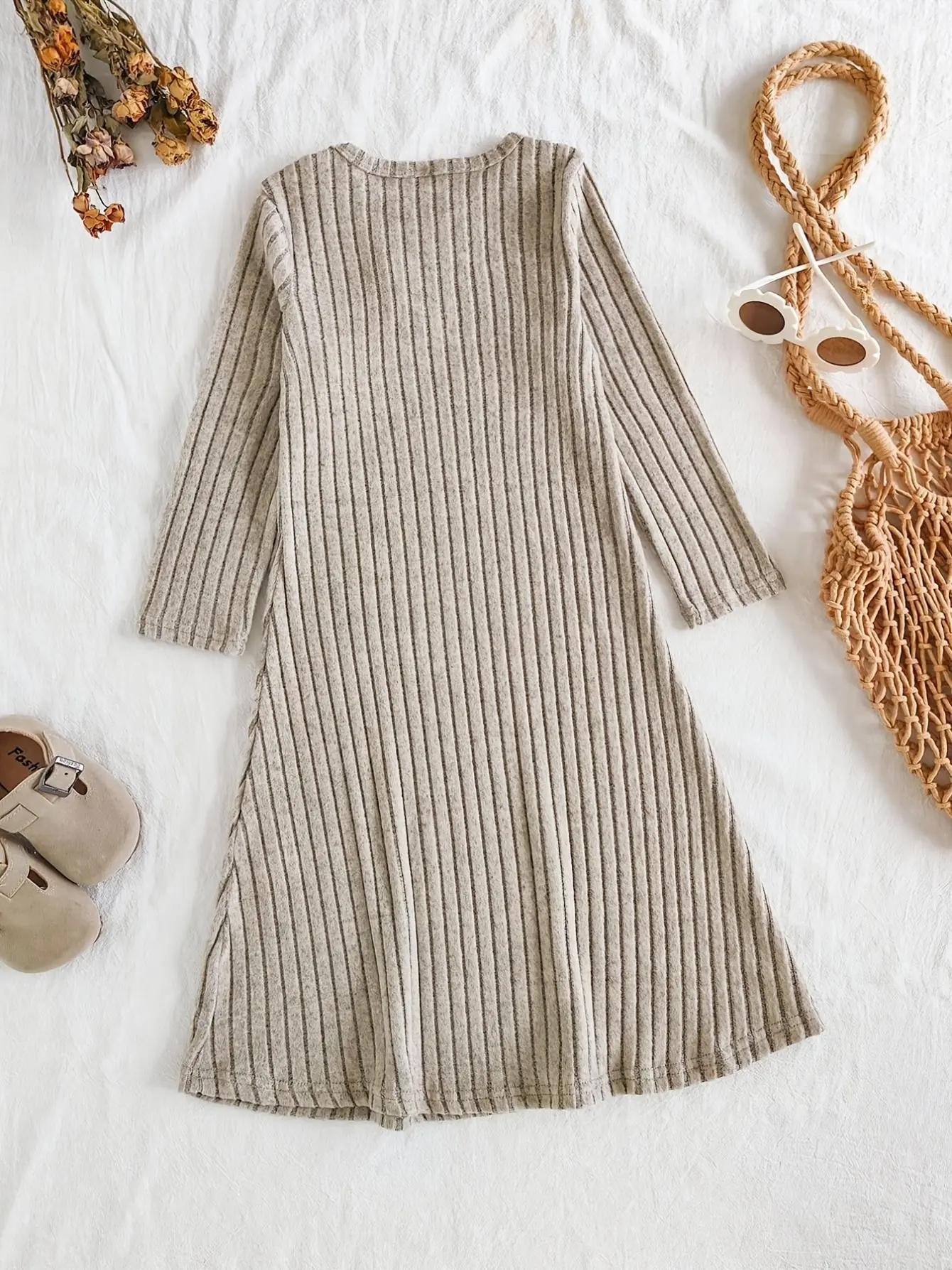 Detail 1 of Girls Ribbed Ruffle Hem Long Sleeve Knit Dress by LUNORIANA