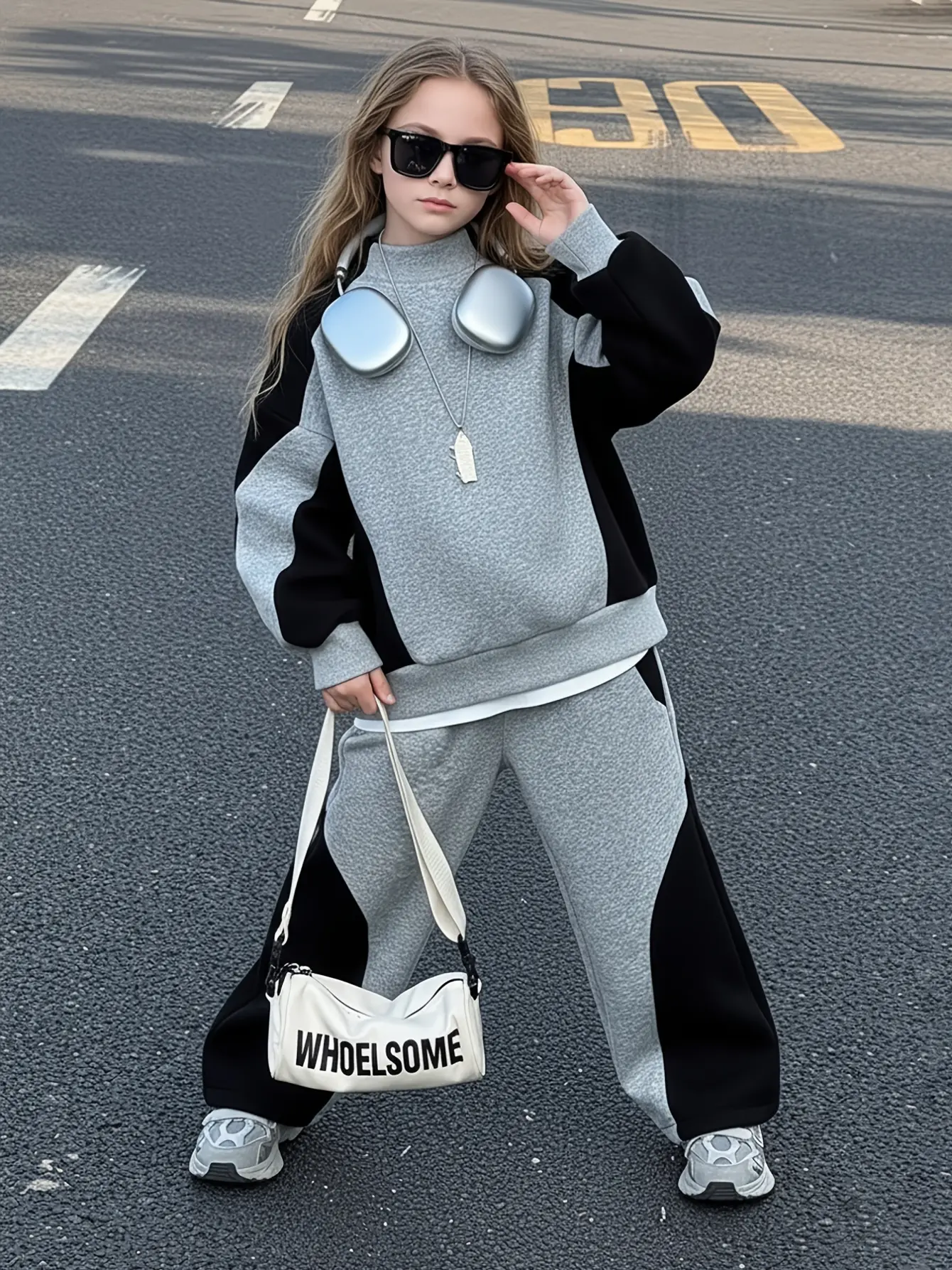 Detail 3 of Girls Colorblock Streetwear Sweatshirt and Pants Set by LUNORIANA