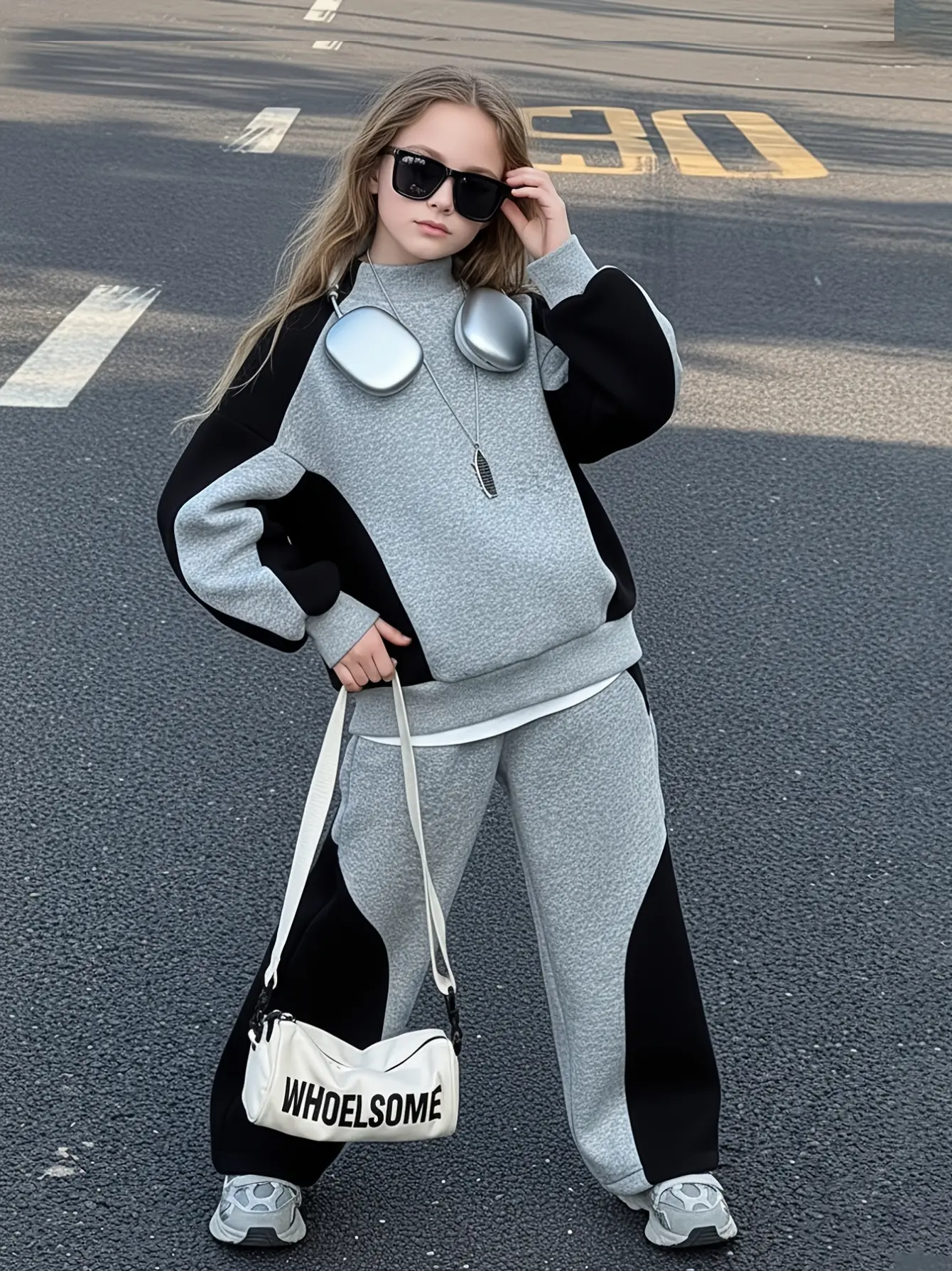 Detail 4 of Girls Colorblock Streetwear Sweatshirt and Pants Set by LUNORIANA