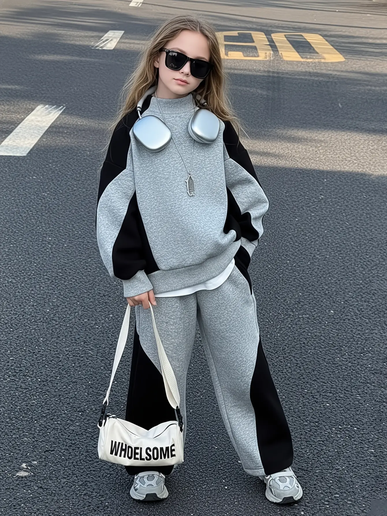 Detail 2 of Girls Colorblock Streetwear Sweatshirt and Pants Set by LUNORIANA
