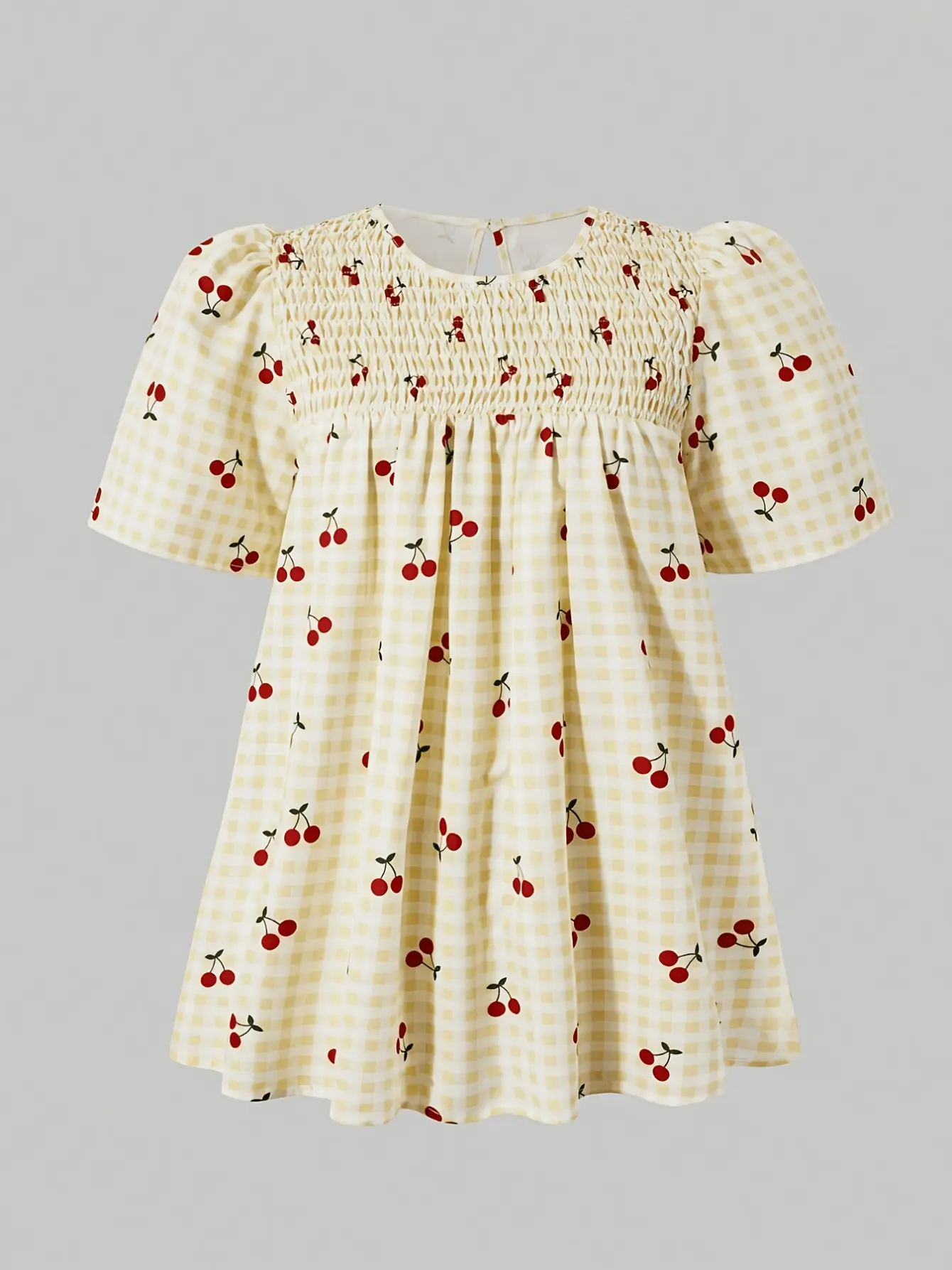 Girls Cherry Plaid Puff Sleeve Dress detail view