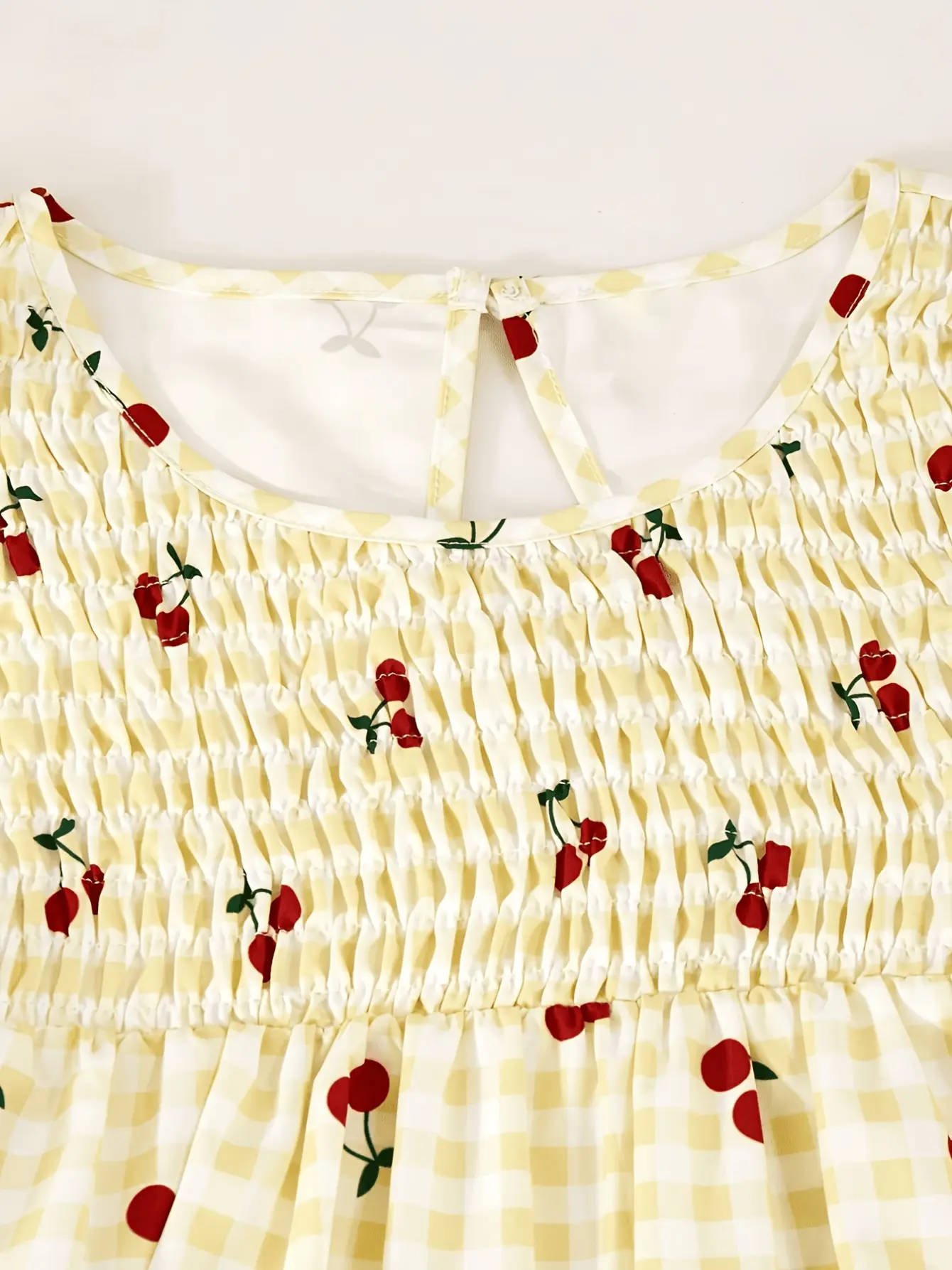 Girls Cherry Plaid Puff Sleeve Dress detail view