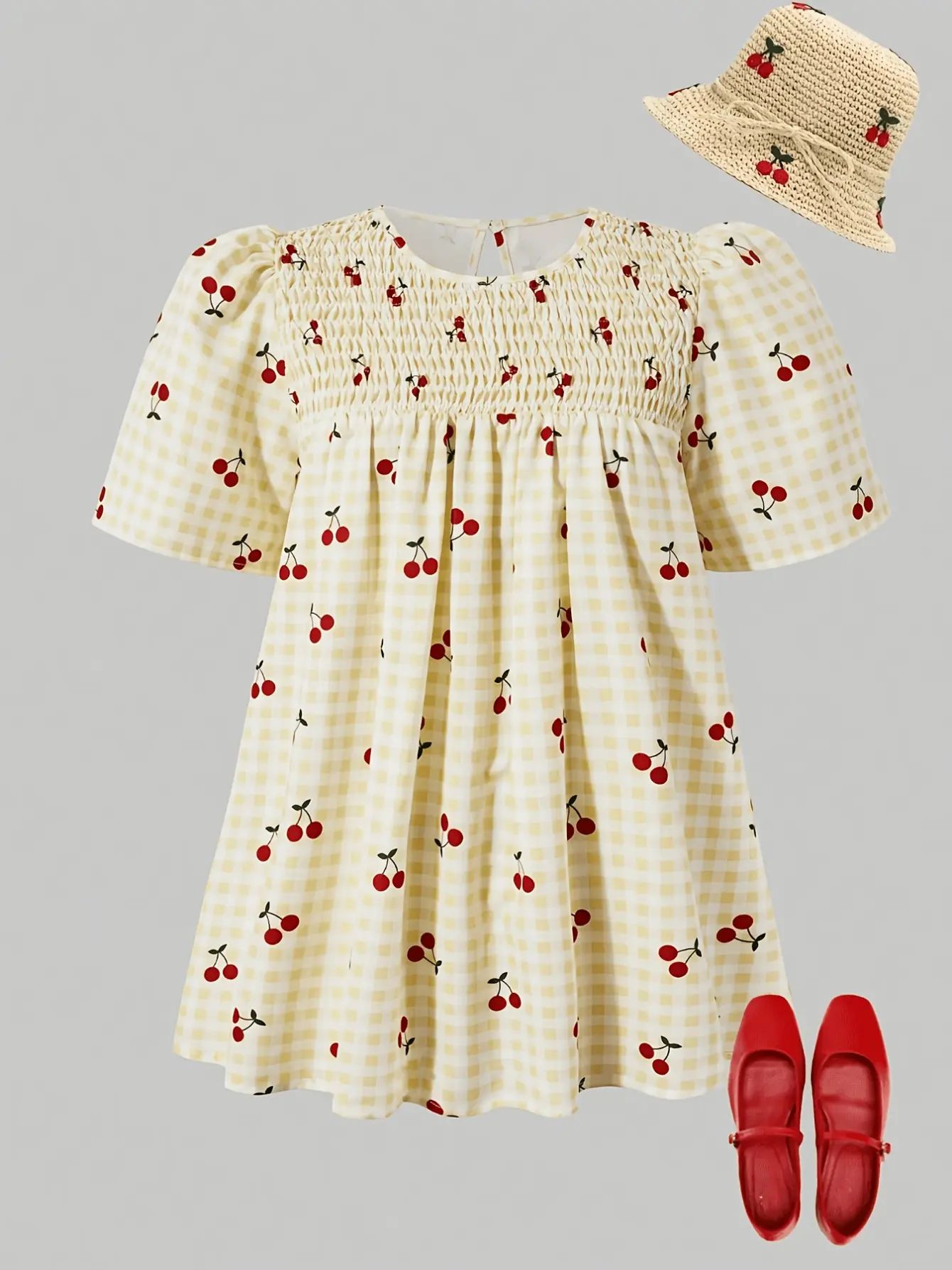 Girls Cherry Plaid Puff Sleeve Dress detail view