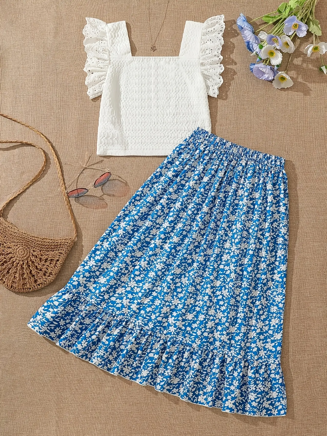 Girls Blue Floral Top and Skirt Set detail view