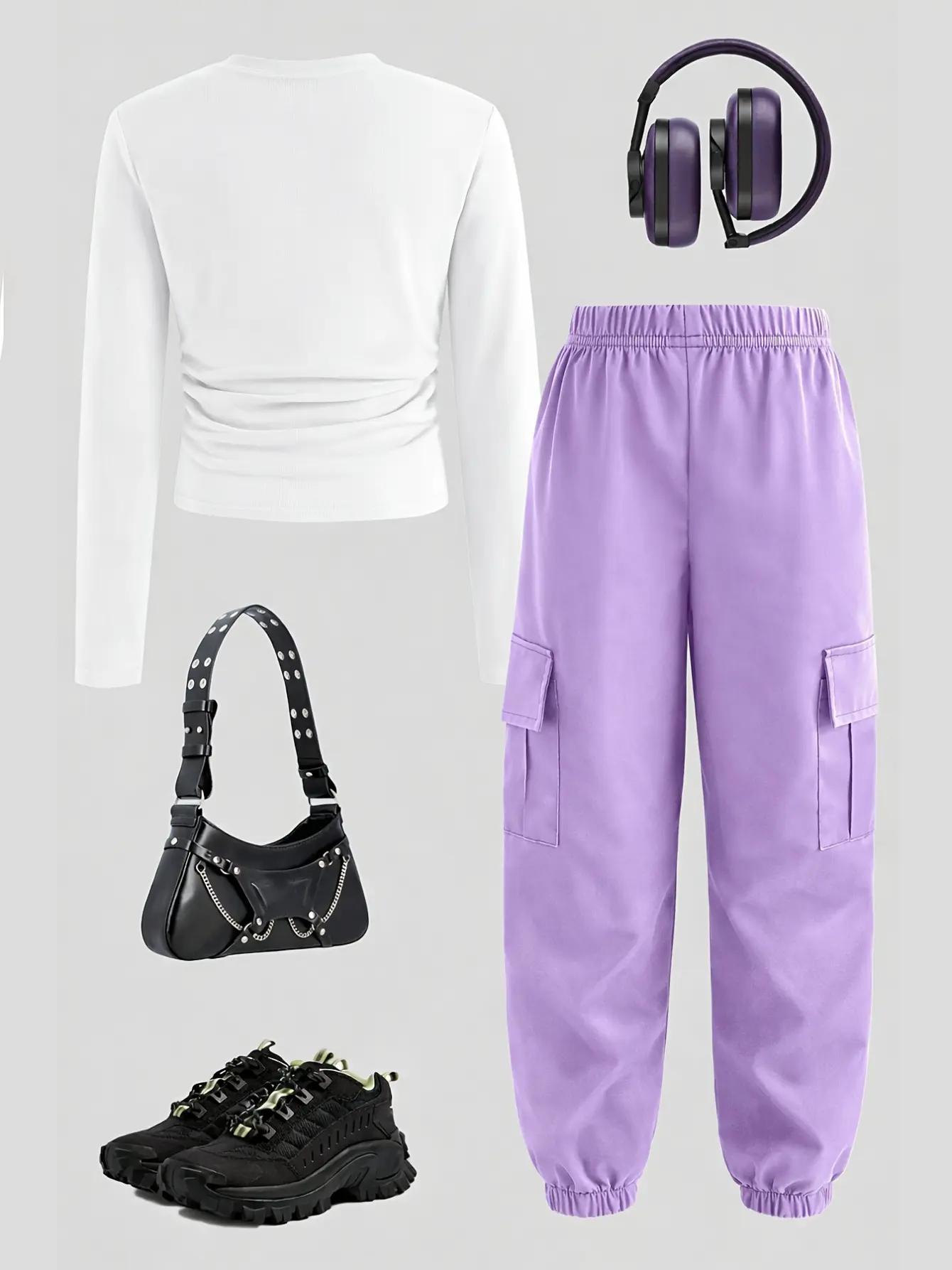 Girls Graphic Long Sleeve Tee and Purple Cargo Pants Set detail view