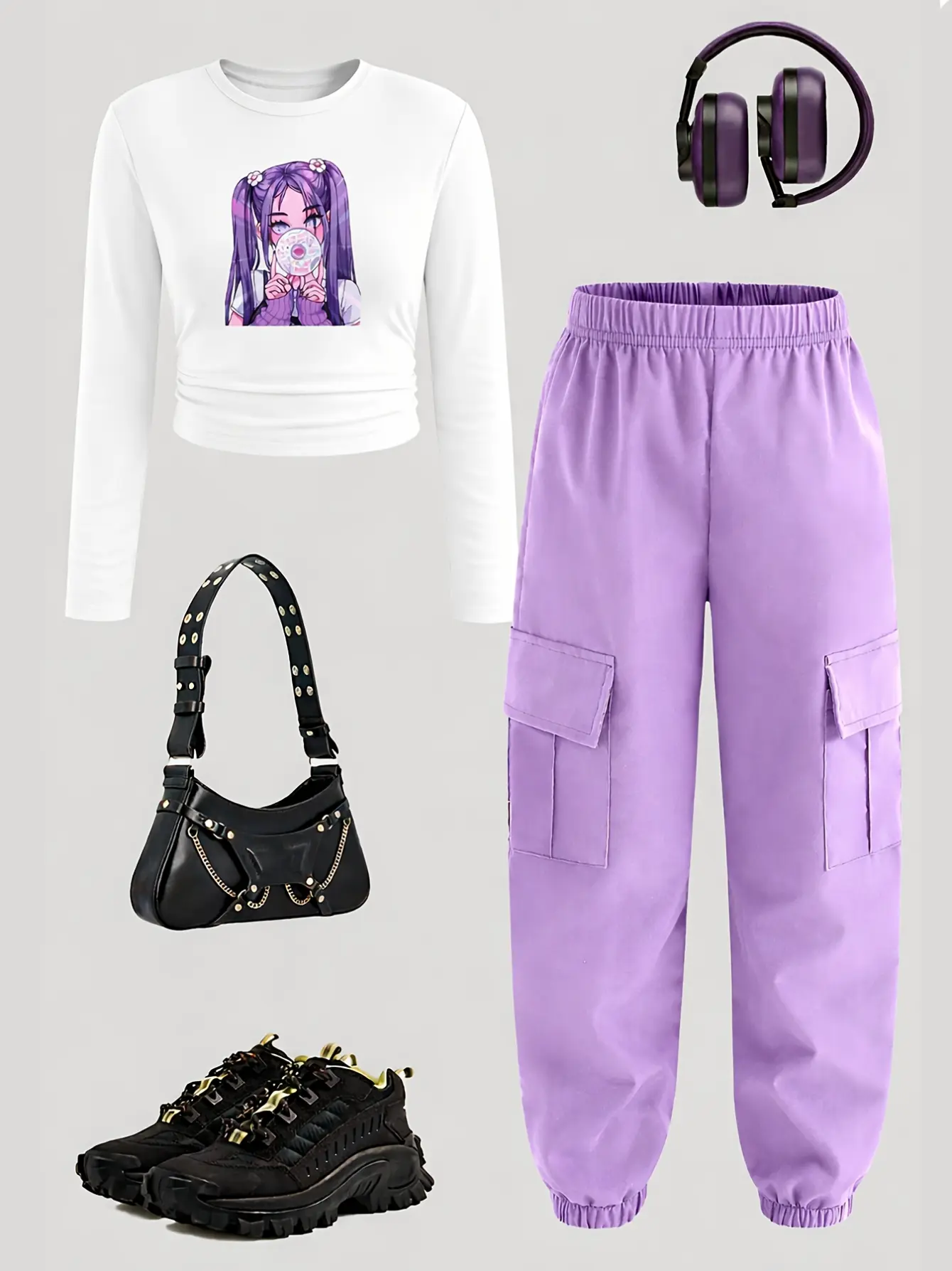 Girls Graphic Long Sleeve Tee and Purple Cargo Pants Set detail view