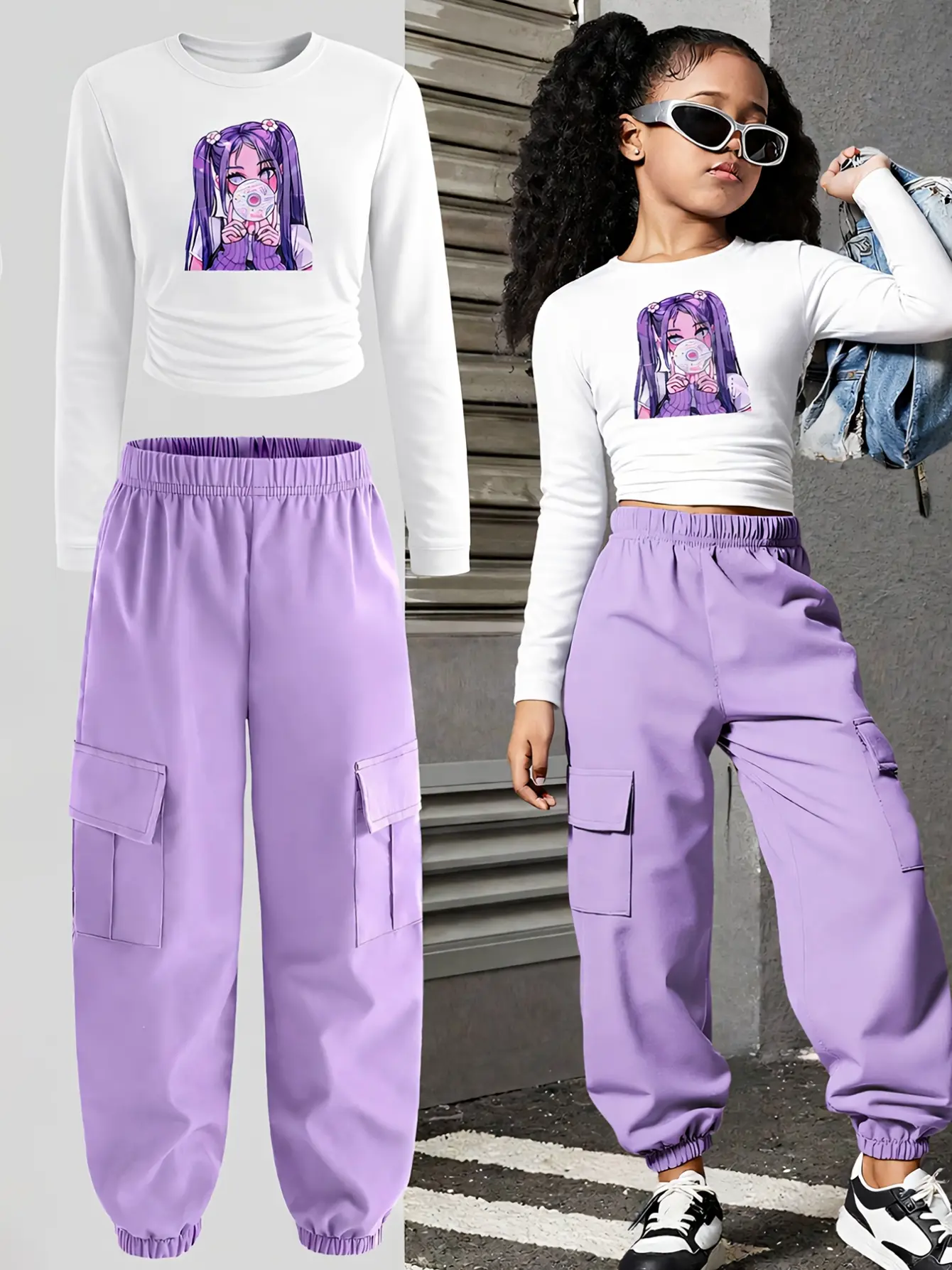 Girls Graphic Long Sleeve Tee and Purple Cargo Pants Set