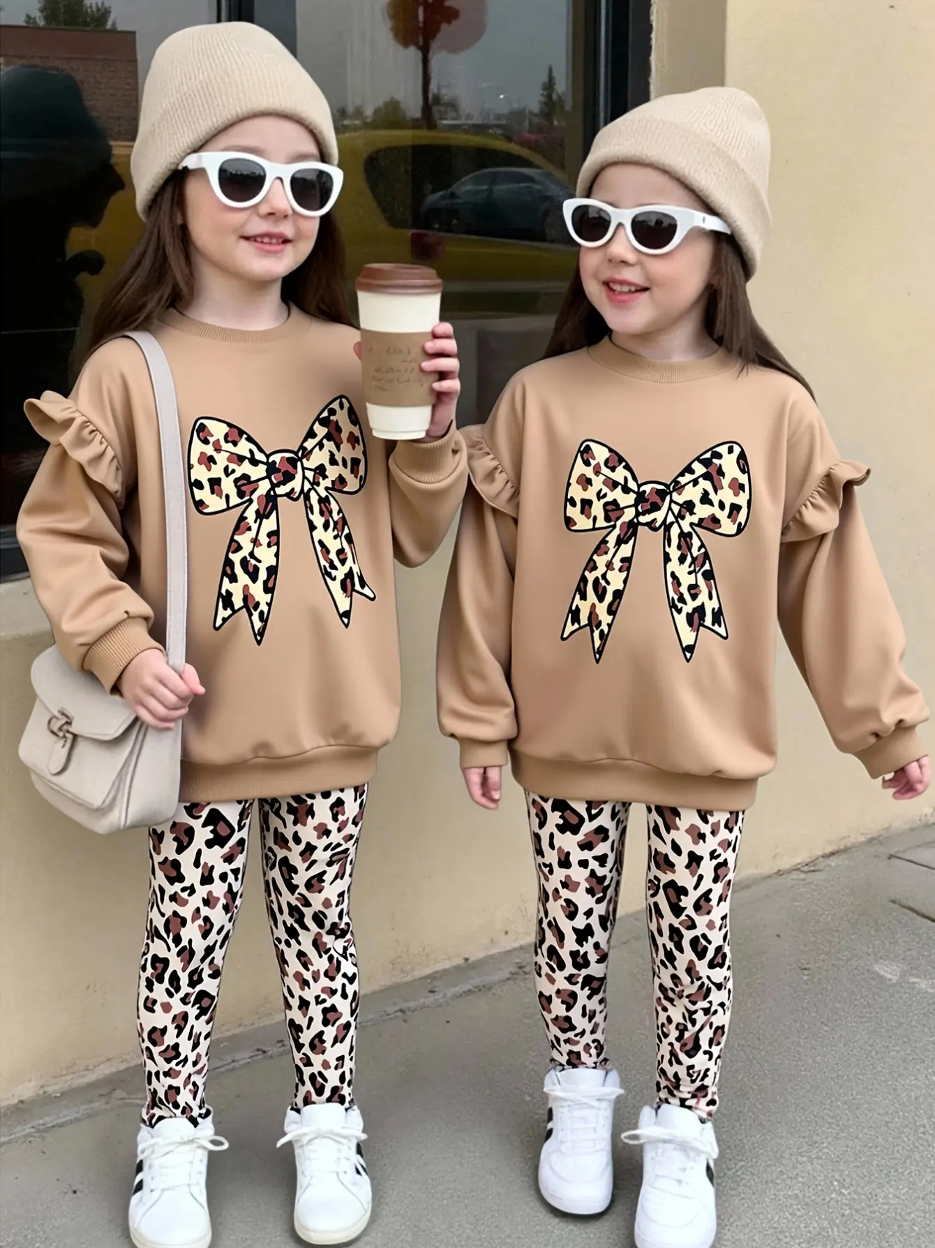 Girls Leopard Bow Sweatshirt and Leggings Set detail view