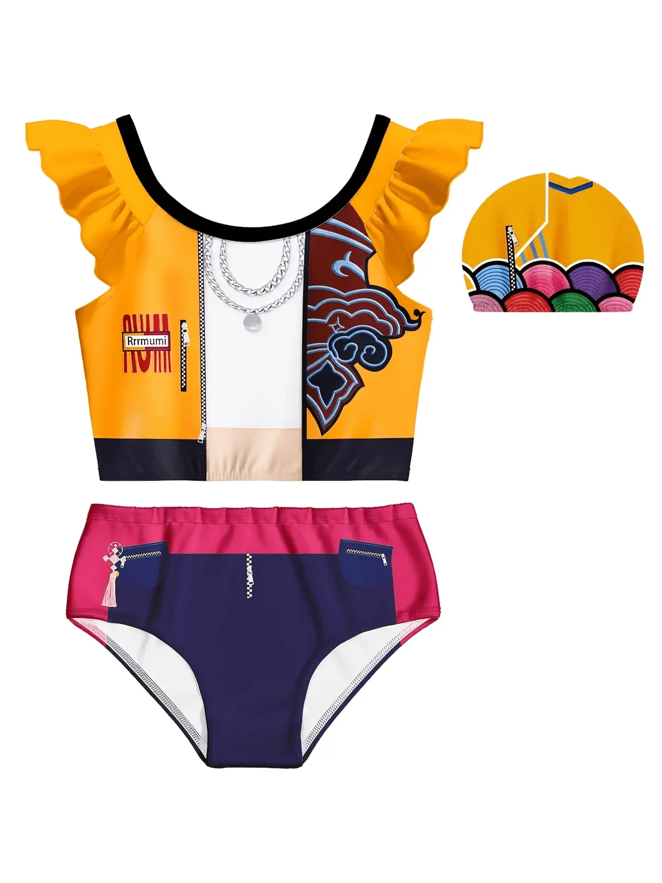 Girls Cartoon Print Ruffle Bikini Swim Set detail view
