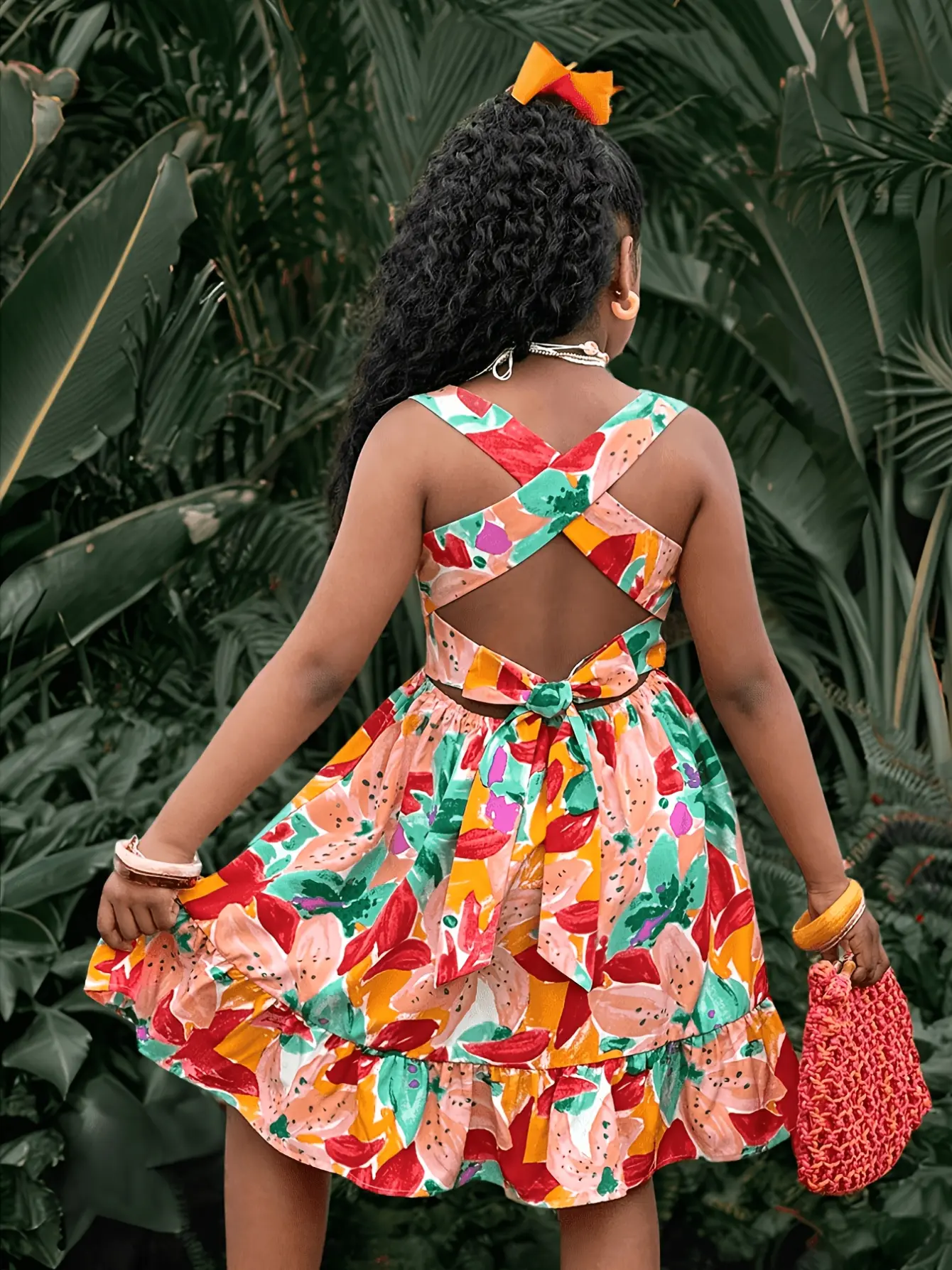 Girls Abstract Print Open Back Dress detail view