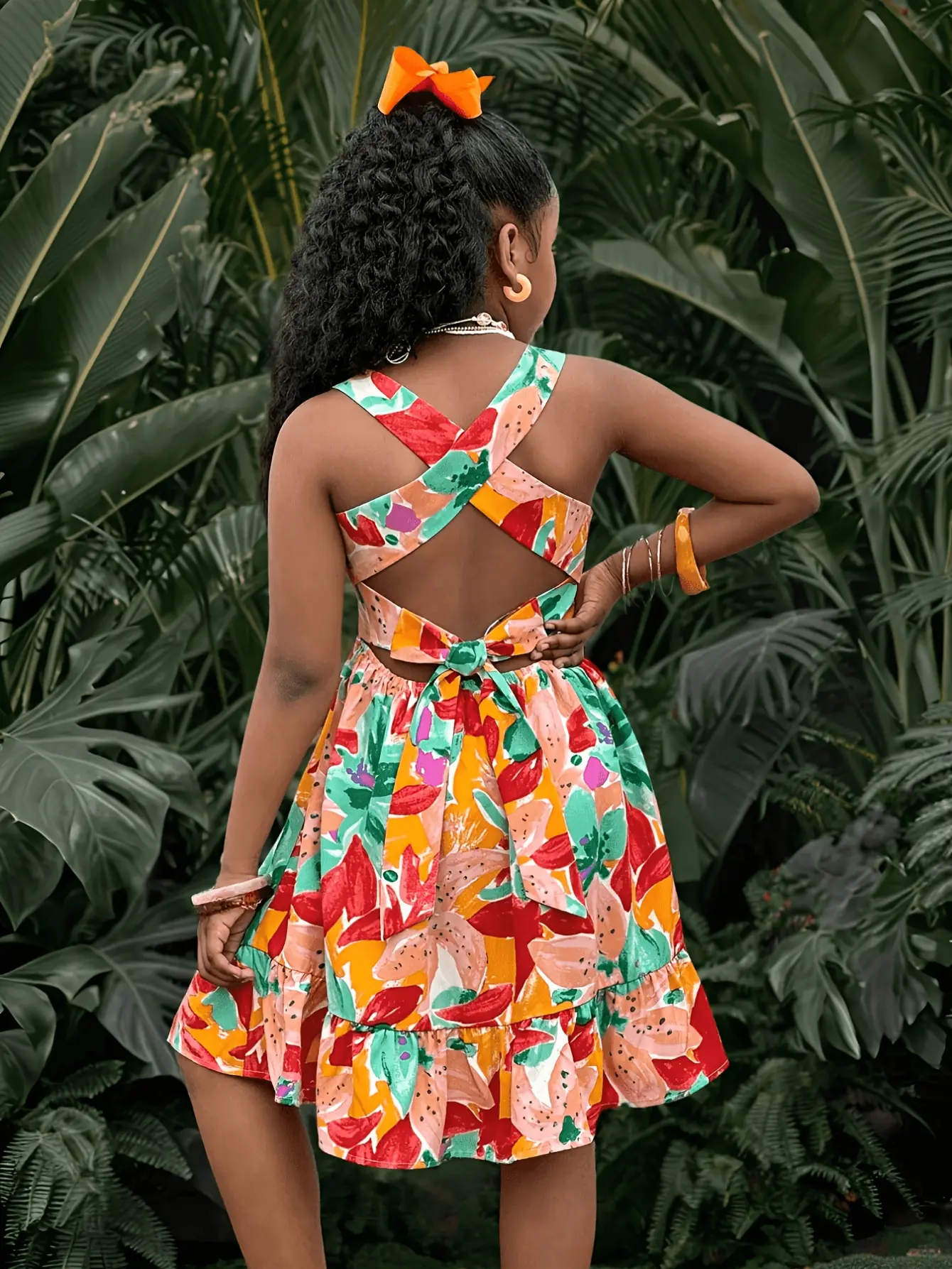 Girls Abstract Print Open Back Dress detail view