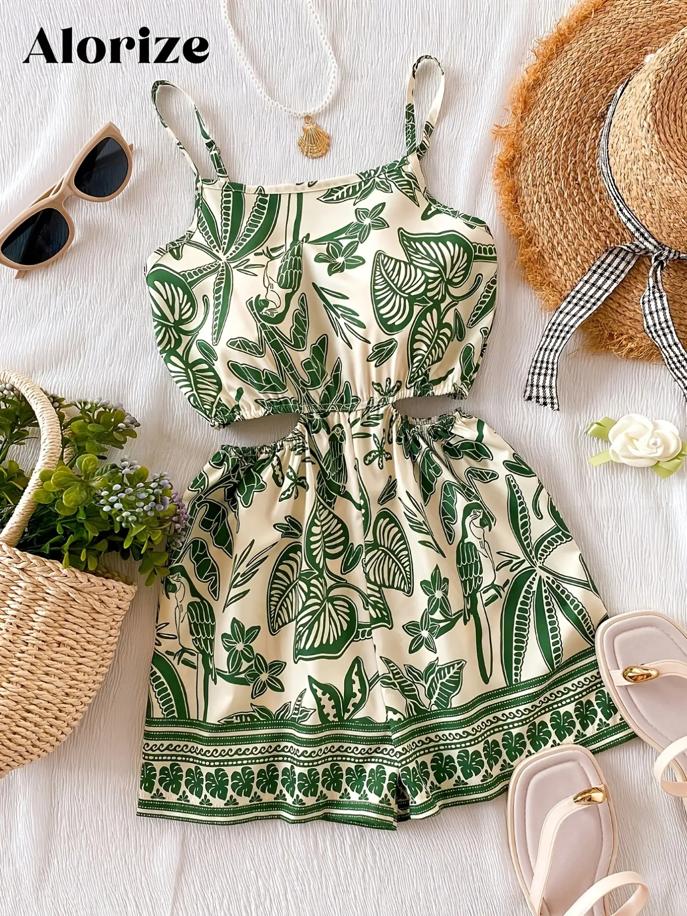 Girls Tropical Print Cutout Romper detail view