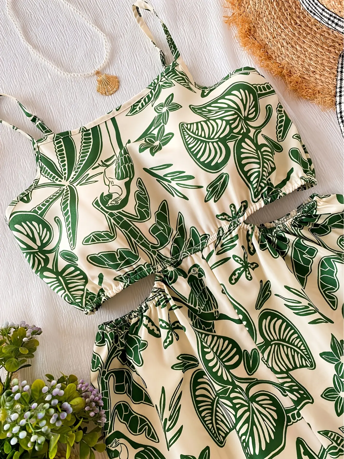 Girls Tropical Print Cutout Romper detail view