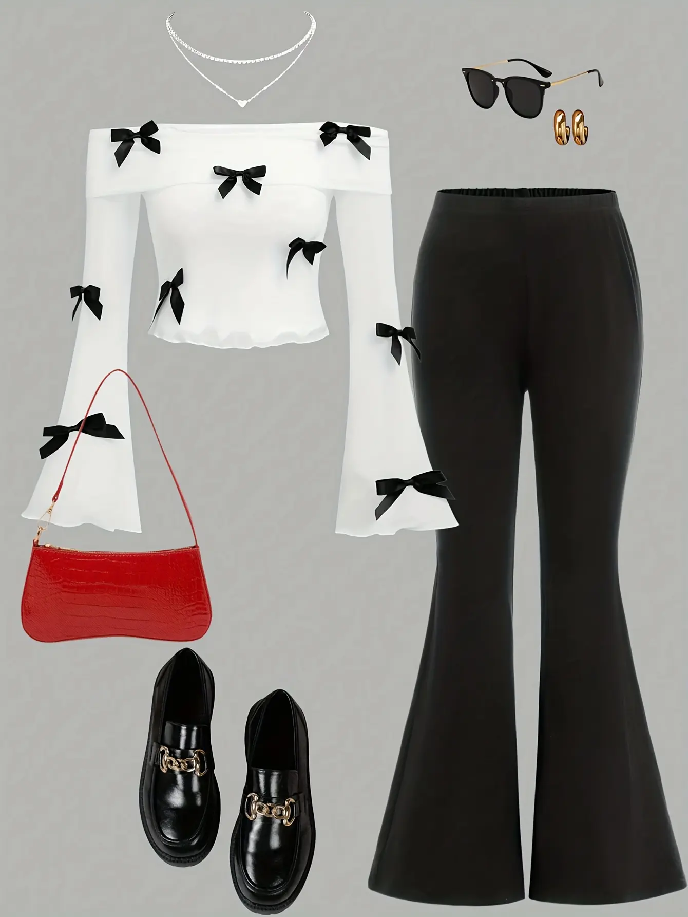 Girls Bow Off Shoulder Top and Flare Pants Set detail view
